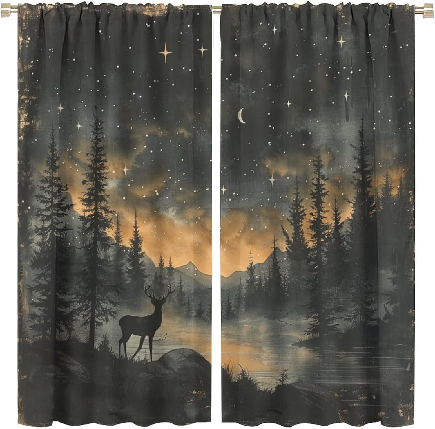 Forest Deer Fantasy Blackout Curtains for Bedroom/Living Room, Moon Star Pine Tree Stream Thermal Insulated Curtains Rod Pocket Window Drapes, 2 Panels/Each 42" W x 84" L