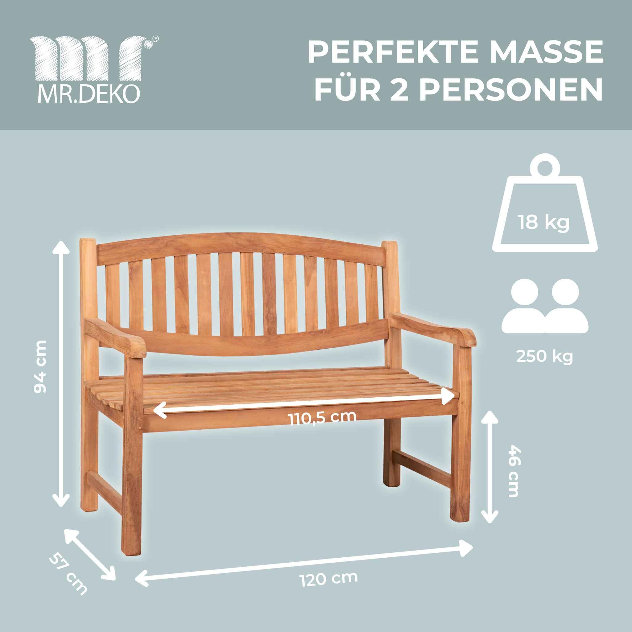 MR. DEKO Gartenbank wetterfest Bradford Sitzbank Teak Holz 120x57x94cm | Balko Bank Garten Parkbank
