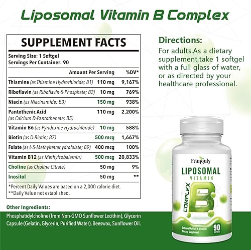 Miniatura 2 de Vitaminas B activas del complejo B liposomal con más colina e inositol complejo B de alta potencia B1, B2, B3, B5, B6, biotina, folato, B12