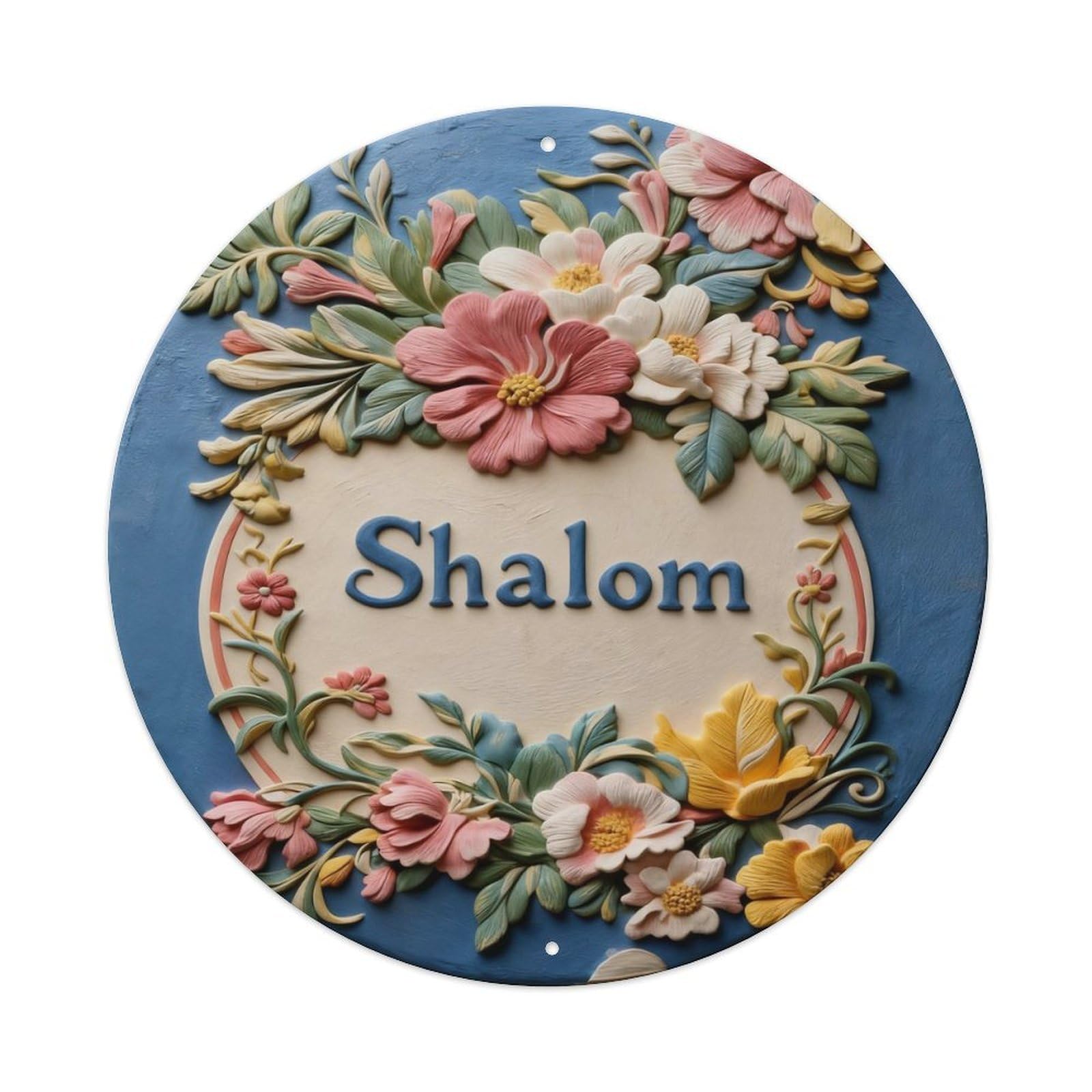 Zlatcbu Vintage Floral Wreath Blue Background Shalom Sign Metal Tin Sign Retro Wall Art Poster, Decor For Home Living Room Bar Cafe Garage, 8X8 Inch