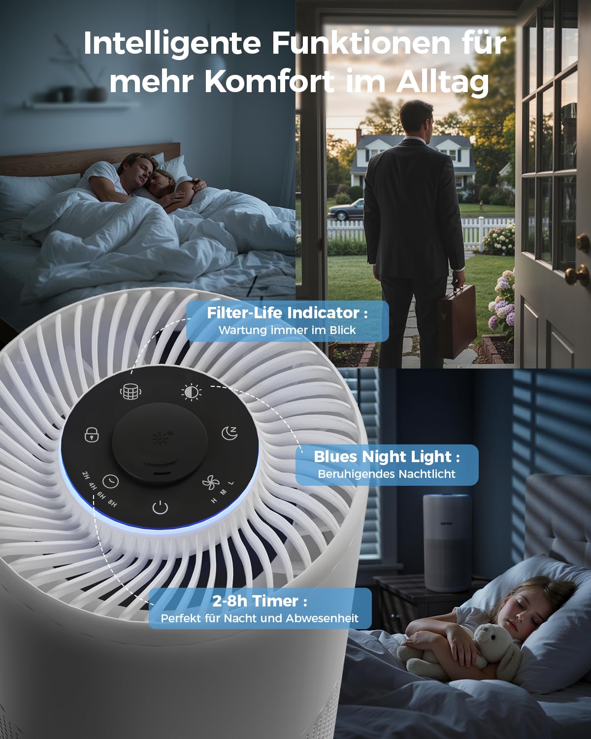 Slevoo Luftreiniger Schlafzimmer mit H13 HEPA Filter, 240m³/h CADR, Leise | Air Purifier für Räume bis 102 m² gegen Allergie, Pollen, Staub, Rauch & Tierhaare, mit Timer & Aromatherapie, Weiß