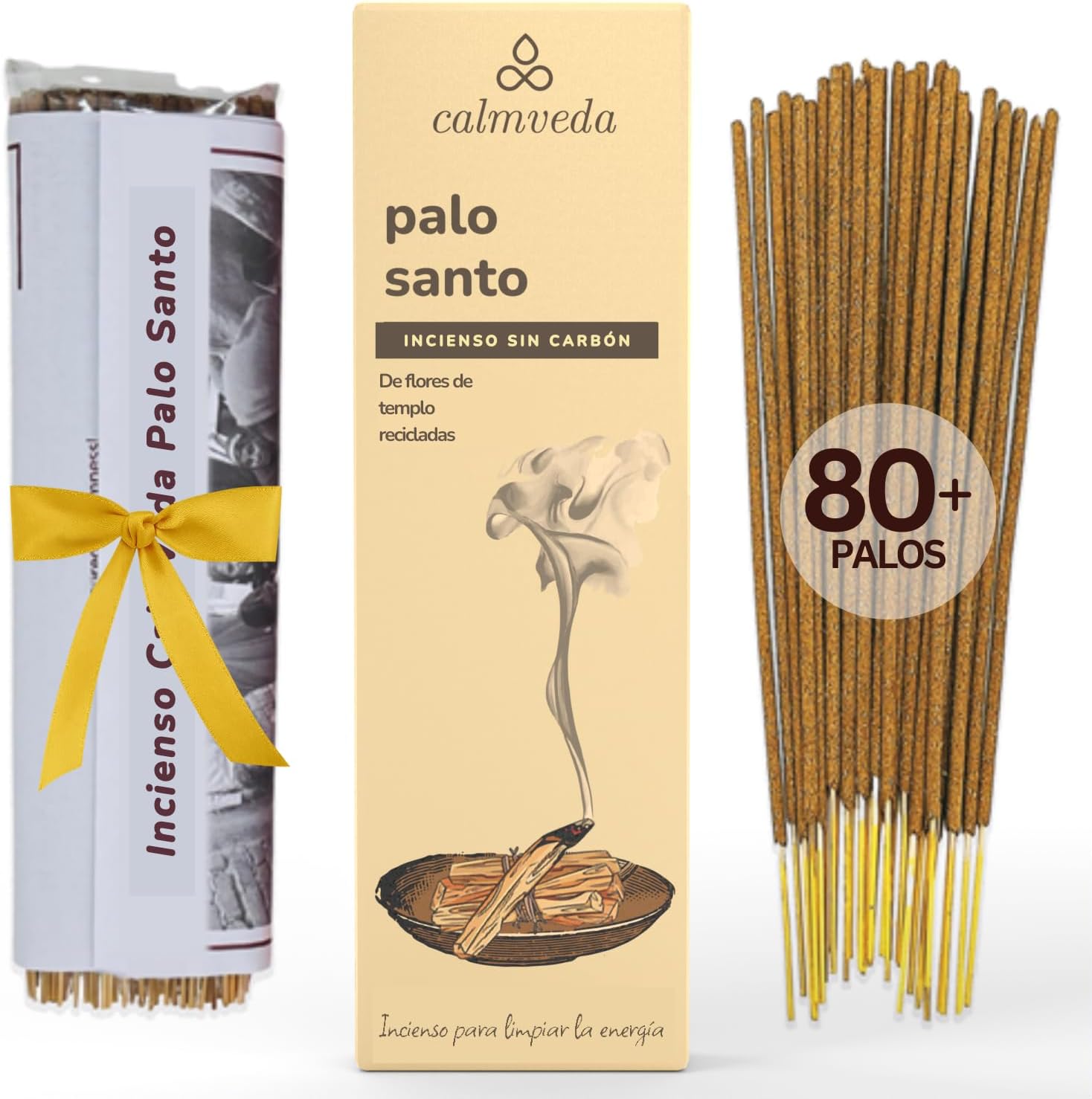 Calmveda Incienso Palo Santo Varillas - (80% Orgánico) Sin Carbón, Flor Reciclada | Incienso Espiritual de Limpieza | Para Limpiar la Casa de Malas Energías | Larga Duración