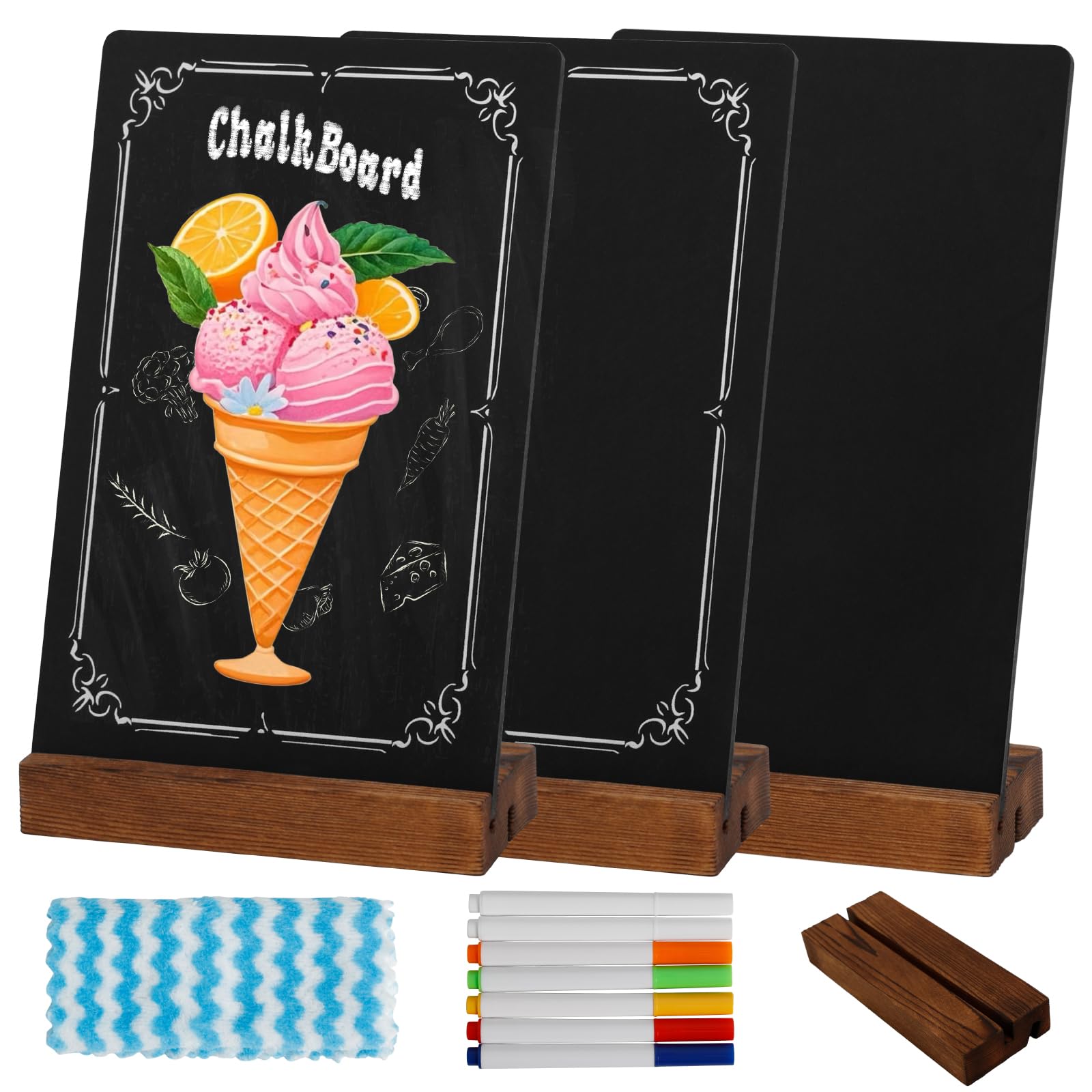3Pcs Pre-Printed Border Chalkboard Signs with Stand, 5"x 8" Mini Tabletop Chalk Board Menu Display, Double Sided Food Labels for Party Buffet -