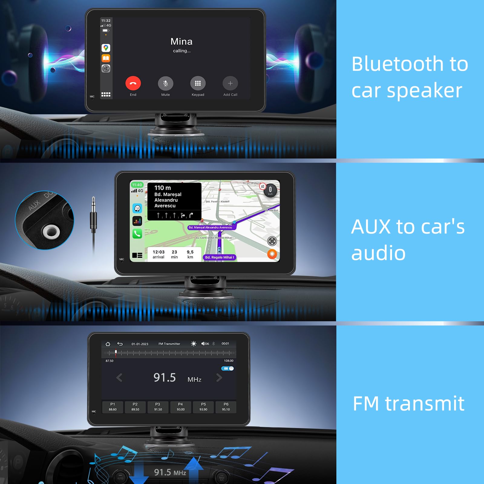 CarPlay sans Fil et pour A-pple Carplay & Android Auto, Écran Tactile IPS de 7'' ecran Voiture, Voiture Autoradio,Autoradio Portable avec Mirror Link/Bluetooth/GPS Navigation/Commande Vocale/AUX/FM