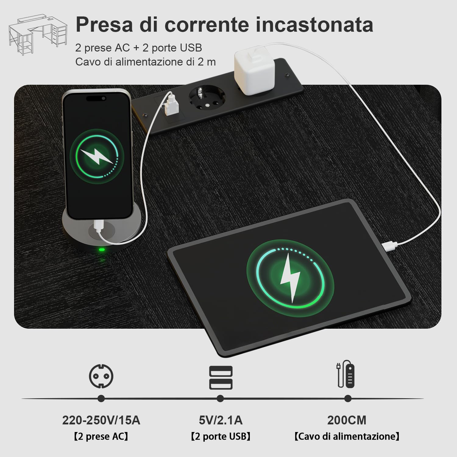 Devoko Scrivania Angolare 170x95 cm, Tavolo A L Da Gioco con 3 Cassetti, Illuminazione LED, Supporto Monitor, 2 Prese + 2 USB, Adatta per Ufficio/Studio, Ideale per Camere, Nera | Illuminazione RGB, Doppio Supporto Monitor, 3 Cassetti, Mensola Laterale, P