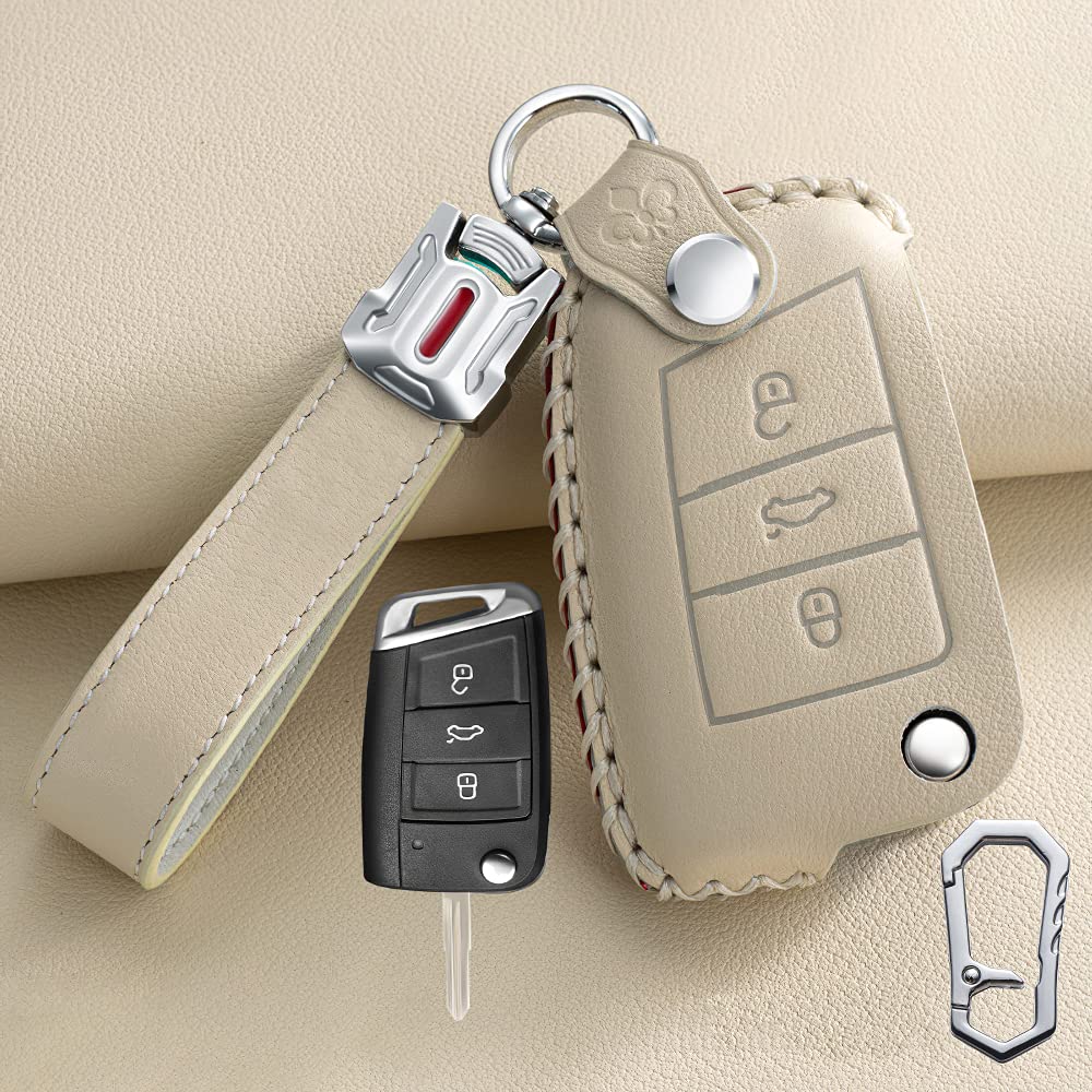 HIBEYO Flip Key Fits Skoda Car Key Case Protective Cover for VW Golf 7 MK7 Seat Leon Skoda Superb Leather Key Cover Remote Key Flip 3 Buttons with Key Fob White - Image 3