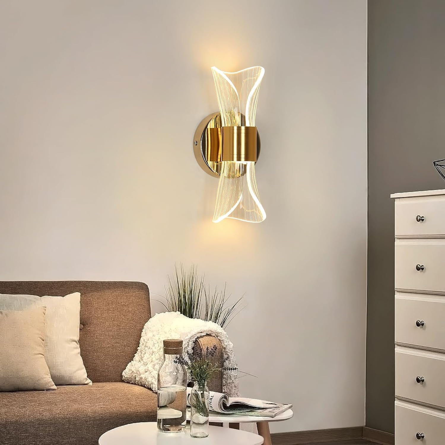 DELIPOP Applique Murale Intérieure, 12W Lampe Murale LED Moderne 3 Température de Couleur 3000K/4500K/6500K, Or Luminaire Mural en Acrylique pour Chambre, Salon, Couloir, Escalier