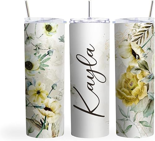 MRC Wood Products Vaso Skinny de 20 onzas Personalizado Floral - Taza Aislada de Acero Inoxidable de Doble Pared con Tapa y Popote (Amarillo)