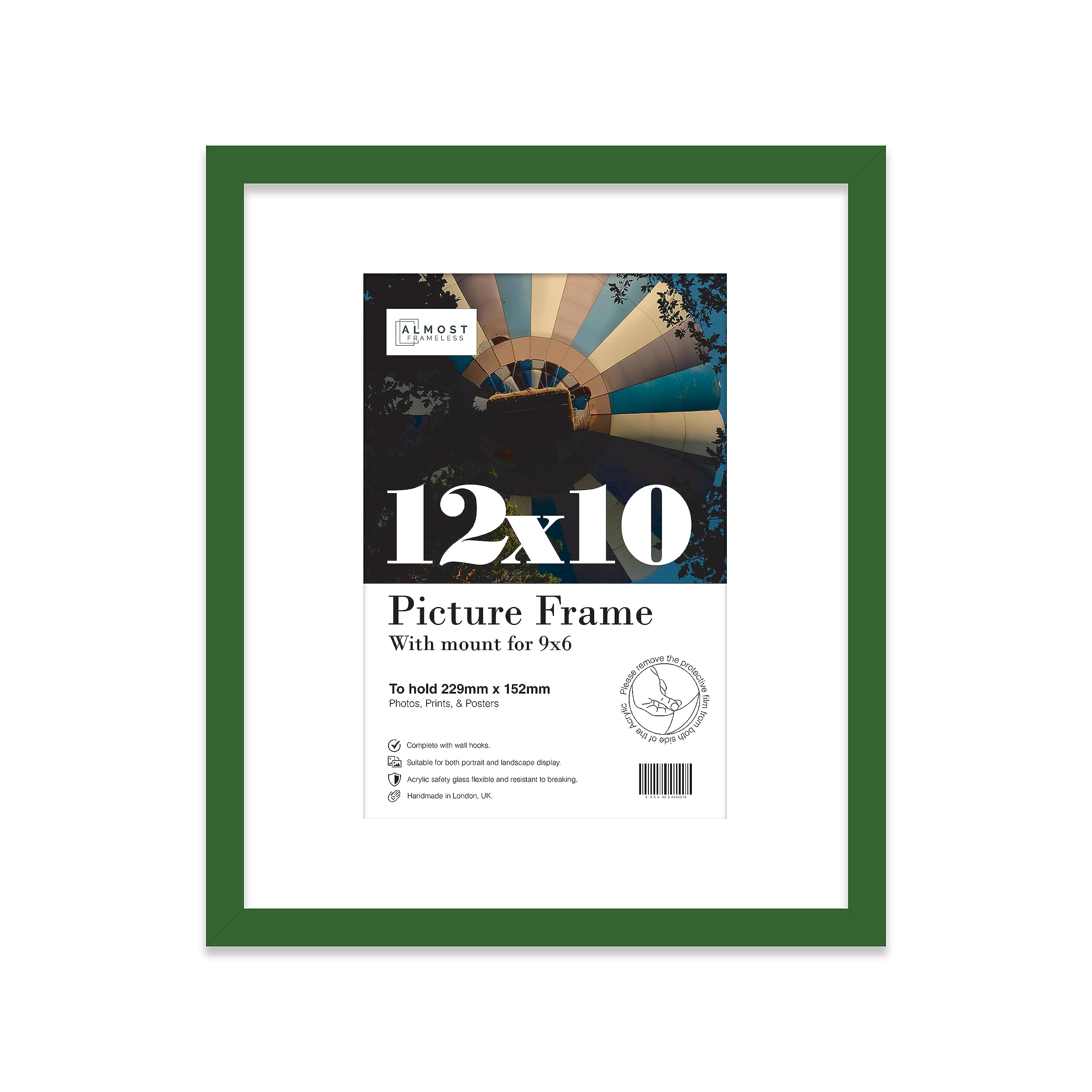 Almost Frameless 12x10 Green Picture Frame With Mount for 9x6 Print, Poster or Photo Poster, Photo, Artwork, or Print. Thin Edge Slim Frame Portrait and Landscape Display with Wall Hooks
