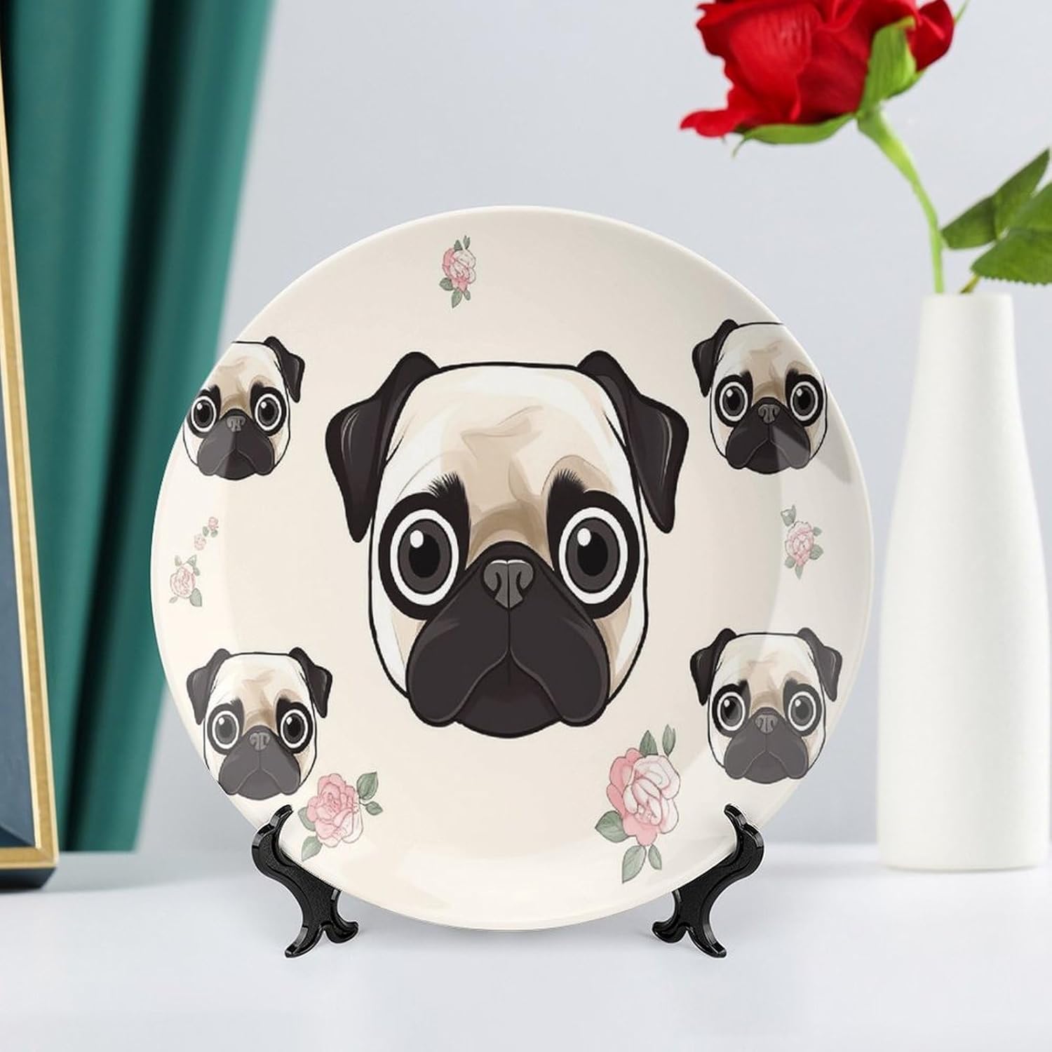 Line Pug Decorative Plates for Display Round Porcelain Plate Living Room Table Ceramic Hanging Decorative Plate Art Decor for Living Room Table with 1 Display Stand 10inch