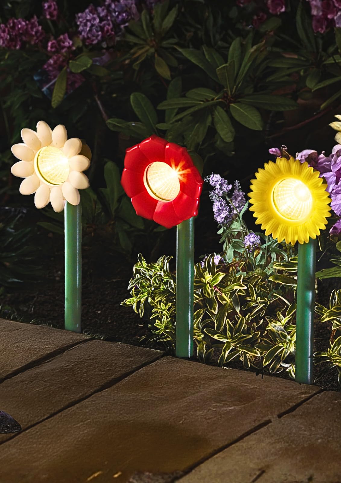 Garden Mile 3Pcs Flower Solar Stake Lights - 26cm Tall Waterproof Solar Stake Lights for Outdoor Garden - 3Pcs Colored Flowers LED Solar Garden Lights for Borders - Solar Path Lights for Garden Decor