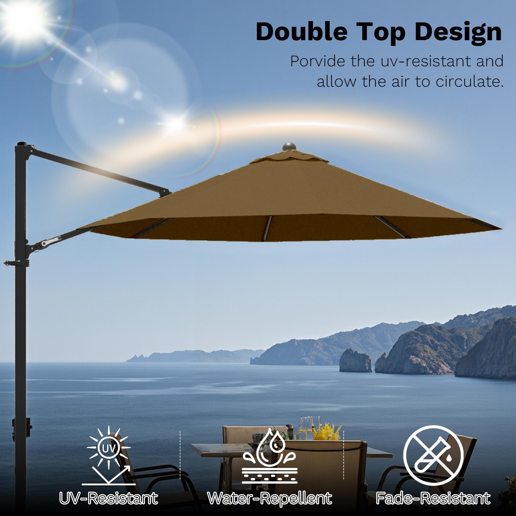 Devoko 10ft Cantilever Patio Umbrella, Round Large Outdoor Umbrella with 360-Degree Rotation, Hanging Offset Market Sun Umbrella, Easy Tilt and Heavy-Duty Frame, for Patio Backyard Garden, Brown