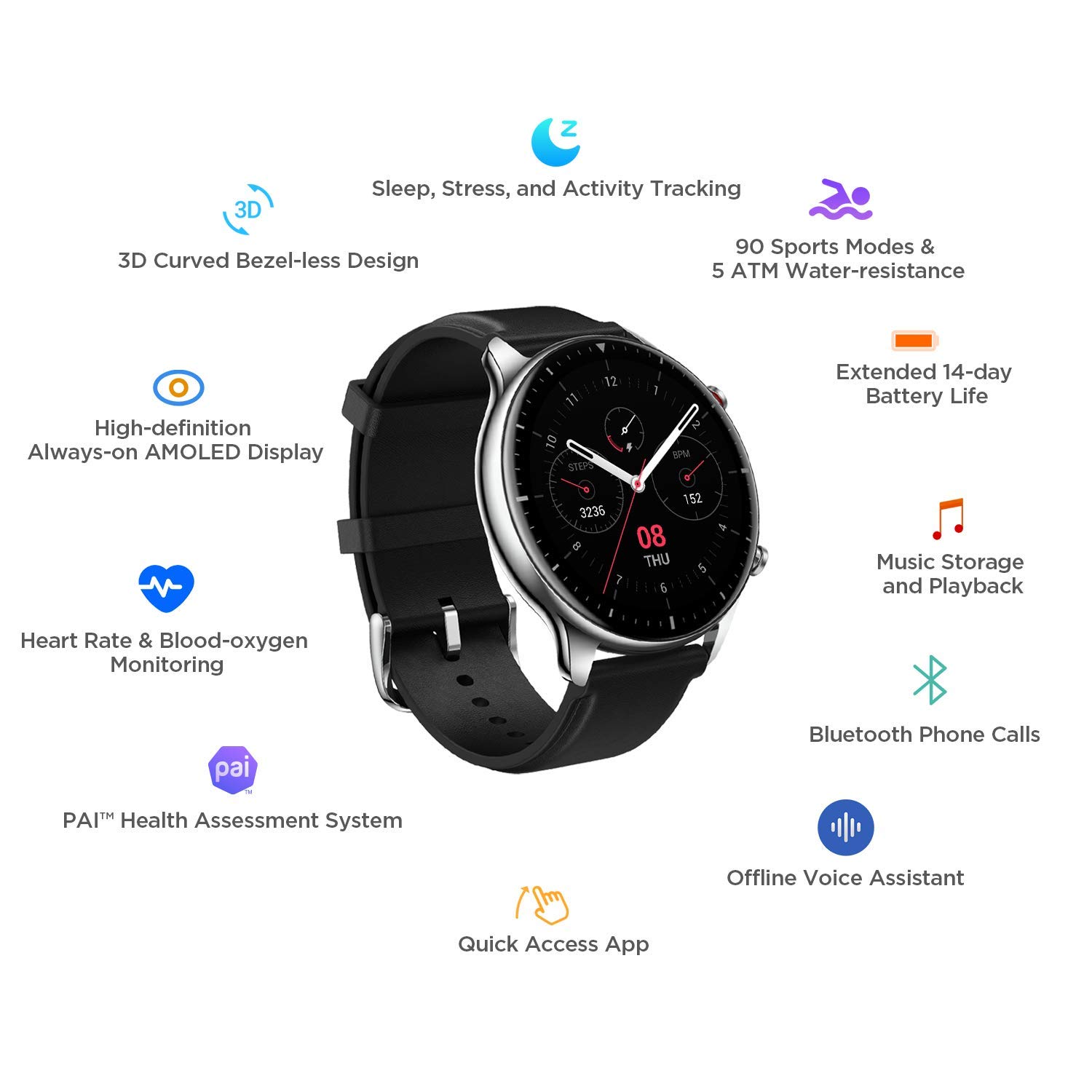 Amazfit GTR 2 Smartwatch Reloj Inteligente Fitness 90 Modos Deportivos 5 ATM Alexa Asistentes de Voz 3GB Almacenamiento de Música Llamadas telefónicas Bluetooth-Stainless
