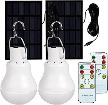 Camping Lights, Electric Lanterns, Solar Bulb Lights 2Pcs Solar Festoon Lights with Panel Remote Control USB Rechargeable Light Bulbs with Hook for Emergency, Tent