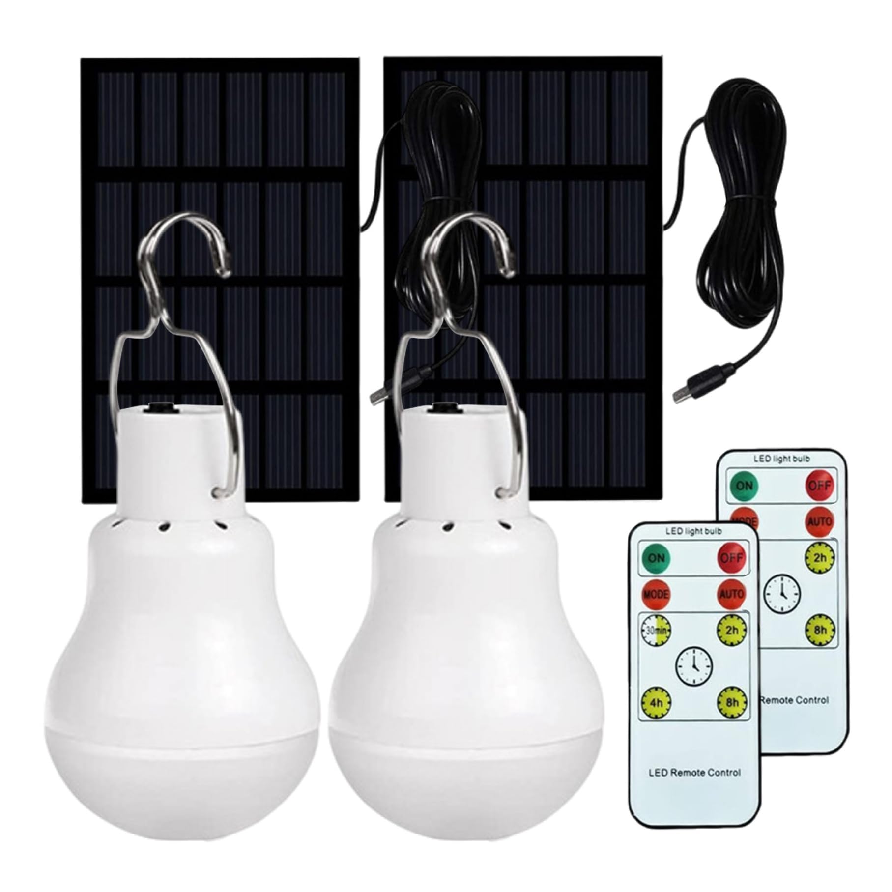 NIDONE Lampadine solari da 2 pezzi per esterni, luci solari portatili con pannello e telecomando, lampadine ricaricabili tramite USB con gancio per tenda da campeggio di emergenza