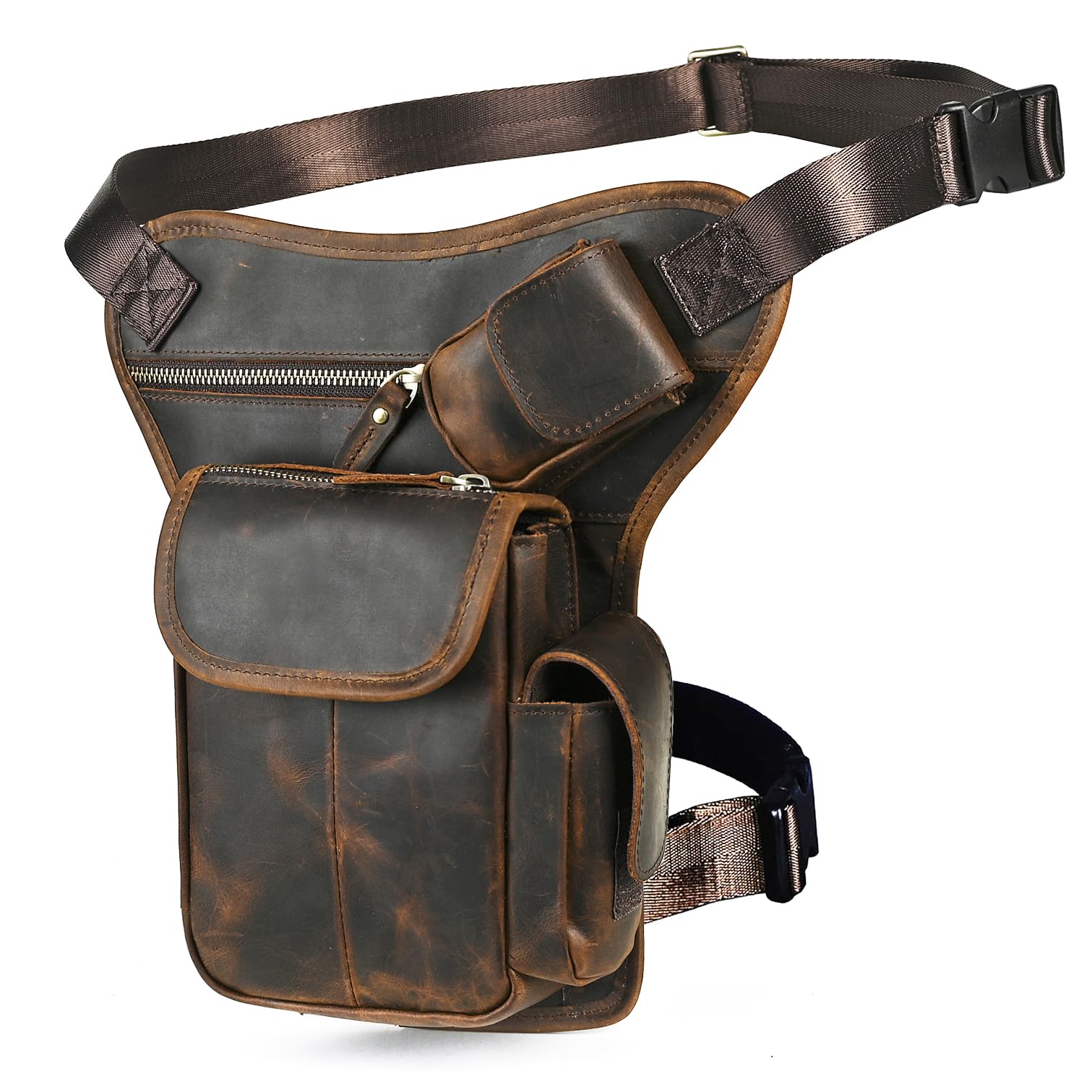 Toile Imperméable + Cuir Véritable Moto Fanny Sac de Taille Waist Bag Cuisses Sacs pour Les Jambes pour Hommes Femmes FB211-8 (100% Cuir véritable - x3106 Marron)
