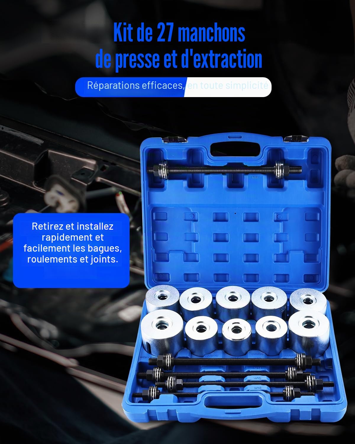 FreeTec Extracteur de Silent Bloc Extracteur de Roulement Intérieur 27pcs – Arrache Roulement Universel avec 5 Broches et 22 Douilles 34–80 mm – Kit Montage/Démontage Roulements, Joints & Silentblocs