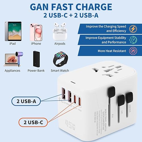 Miniatura 2 de Aigostar GaN - Adaptador de viaje universal 5 en 1, adaptador de enchufe internacional de carga rápida de 45 W con 2 puertos tipo C y 2 puertos