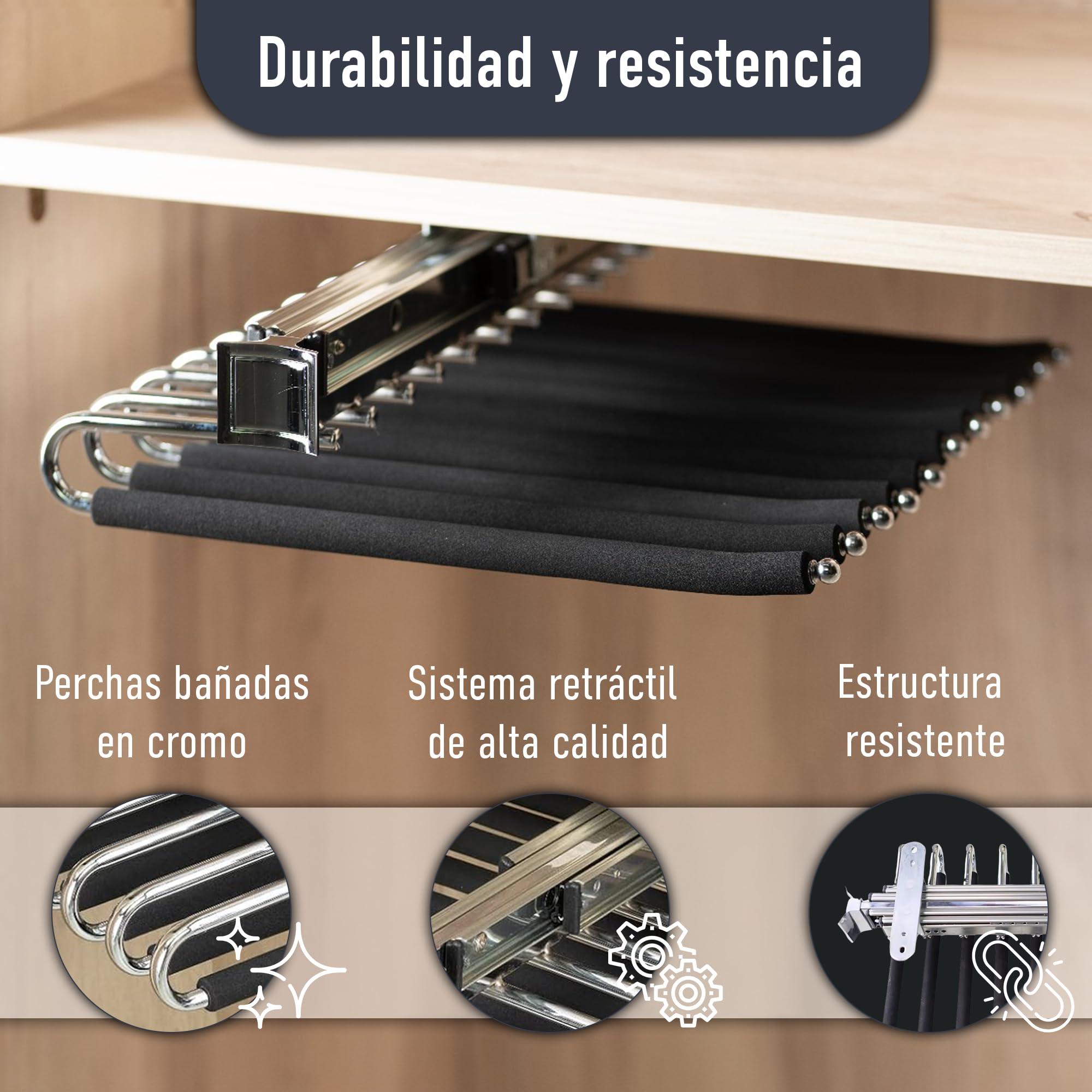AZERODESIGN- Pantalonero Extraible para Armario - Organizador Pantalones- Pantalonero Doble Antideslizante- 11 Perchas Pantalones- Profundidad 47 cm, Ancho 35 cm, Altura 10 cm