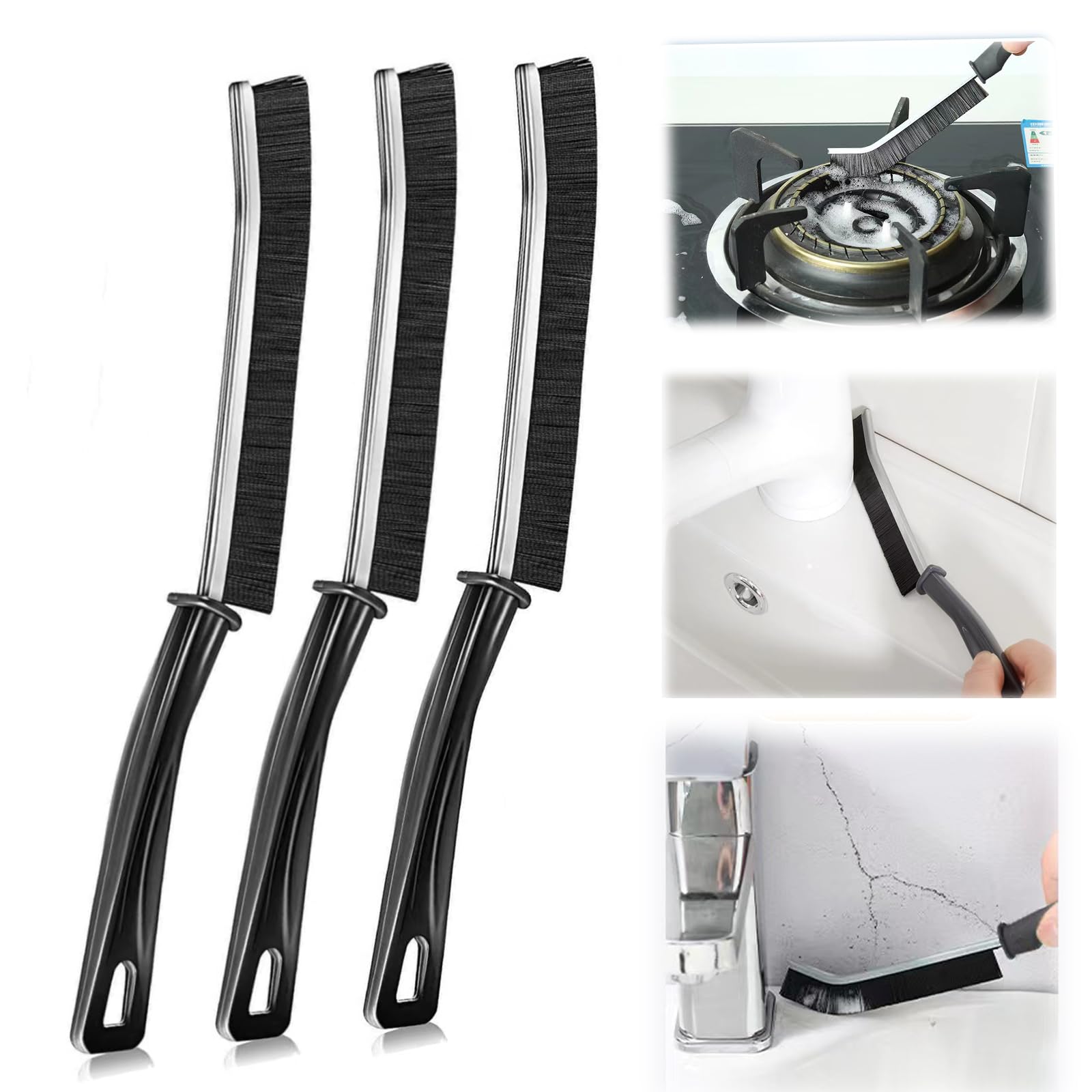 Yevheniy 3PCS Gap Cleaning Brush，Tiny Window Bathroom Track Groove Gap Cleaning Tools, Cleaner Scrub Brush for Bathroom Kitchen Tiles, Multifunctional Window Slots Brushes (Black)