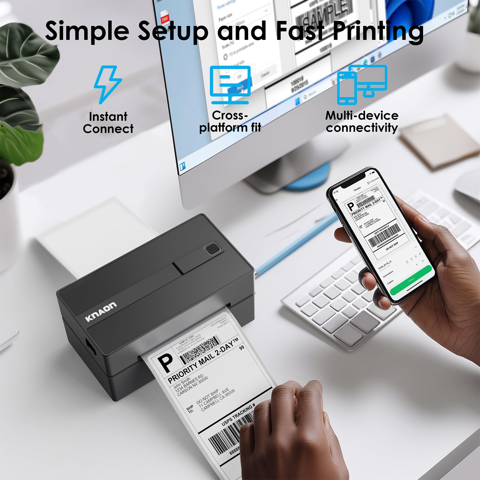 KNAON - Bluetooth Thermo-Etikettendrucker, kabelloser 4x6 Thermodrucker für kleine Unternehmen, kompatibel mit iPhone, Android, Windows, Mac und Chromebook, funktioniert mit Ebay Shopify