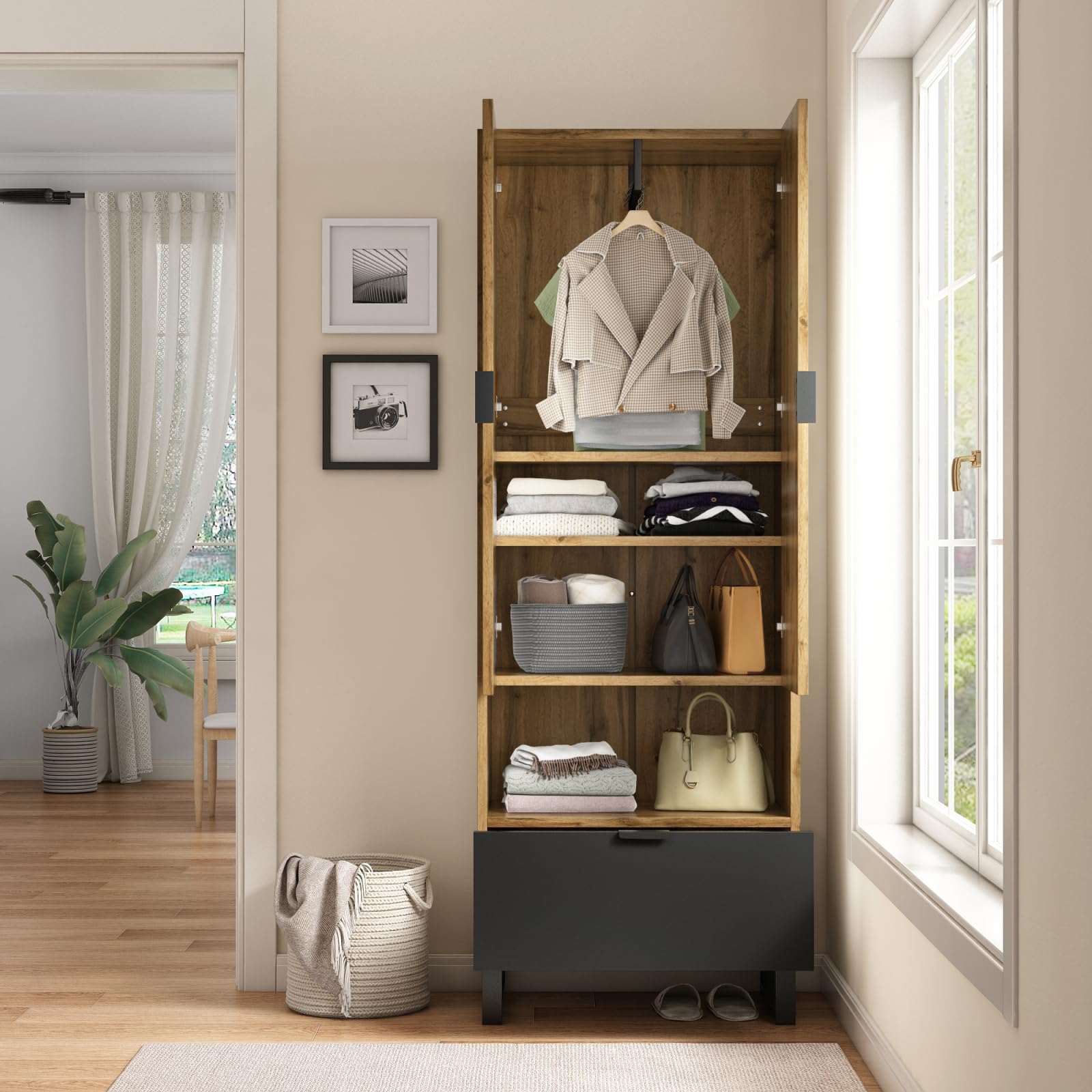 Set di cassetti, guardaroba compatto con ripiani regolabili e asta appendiabiti, set con 2 ante e maniglia, per corridoi e ingresso, 180 x 65 x 38 cm, legno e nero