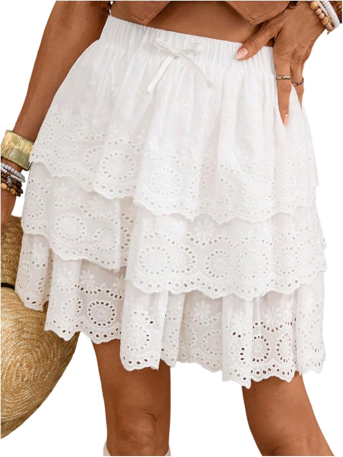 SweatyRocks Women's Boho Eyelet Lace Trim Flowy Ruffle Short Skirt High Waist Multi-Layered A Line Skirts