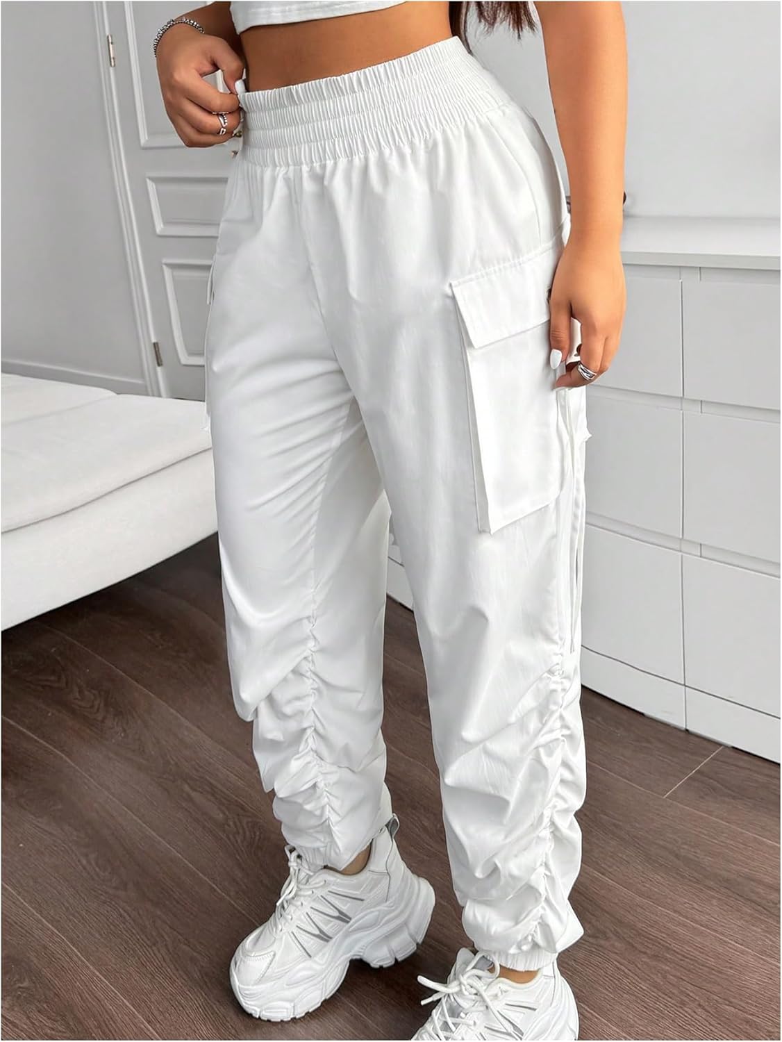 OYOANGLE Women's Plus Size Cargo Pants Elastic High Waisted Ruched Workout Joggers Pants Streetwear - Image 4