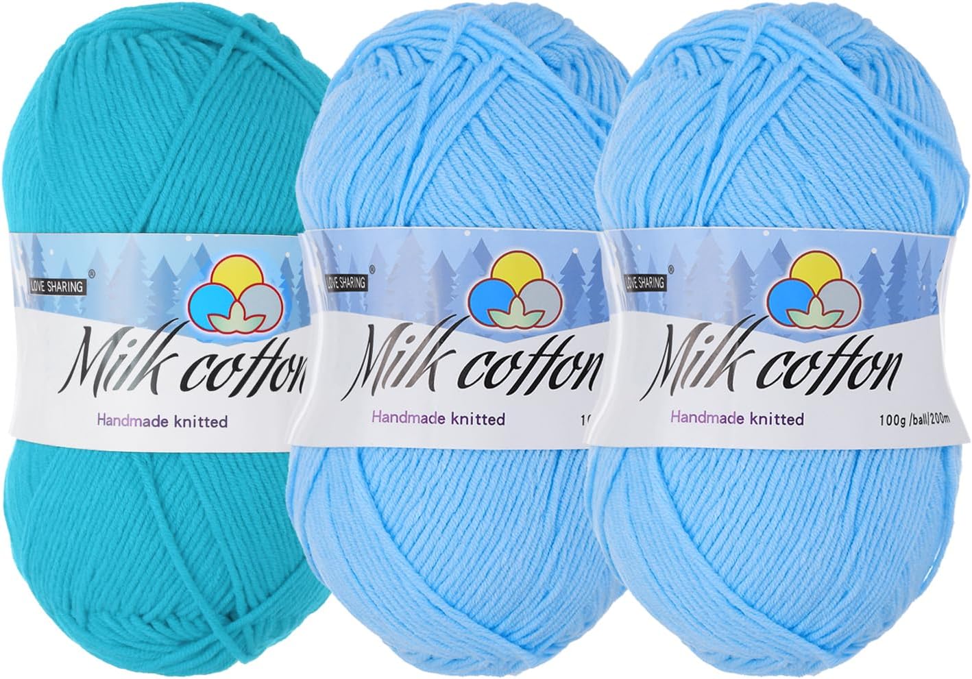 Cotton Yarn,65% Cotton and 35% Acrylic Fibers Soft Knitting Yarn[for Hand DIY Cushion Crocheting Knitting Projects Decor],3 Skeins/3×218yards/3×3.53oz/Light Blue/Lake Blue/Sky Blue