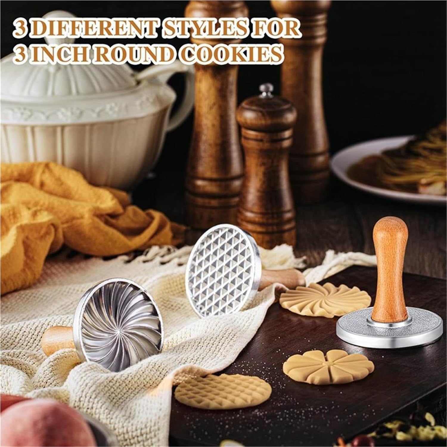 6Pcs Metal Cookie Stamps with Wooden Handle, Cookie Press Mold DIY Baking Tools for Cake Pastry & Cookies