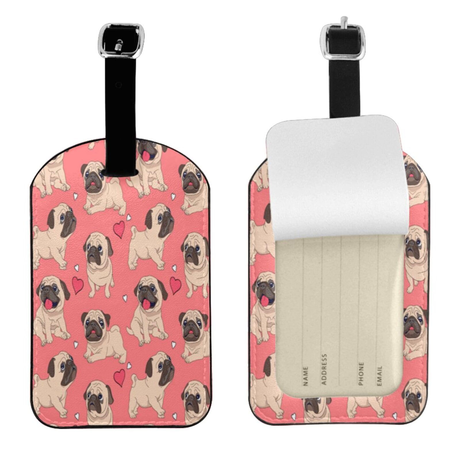 UESEU Pugs Luggage Tag for Suitcases,Cute Dogs Heart Pink PU Leather Baggage Tags Bag Tags Travel Id Label for Luggage Women Men -1 Piece