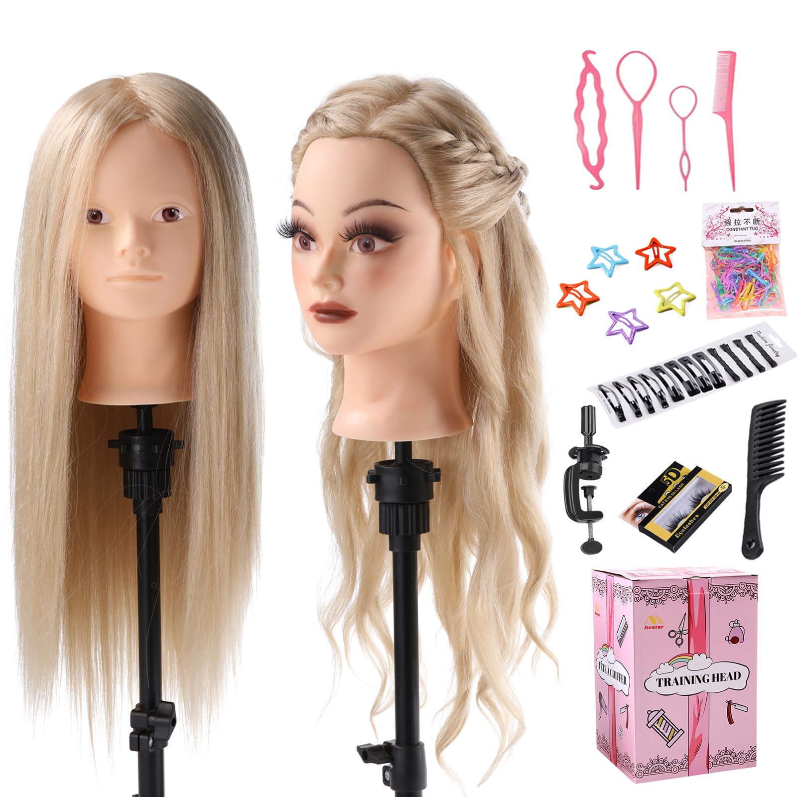 Mannequin Head Human Hair, Make Up Mannequin Head with 70% Real Hair Mannequin Cosmetology Manikin Practice Doll Head for hair styling Braiding