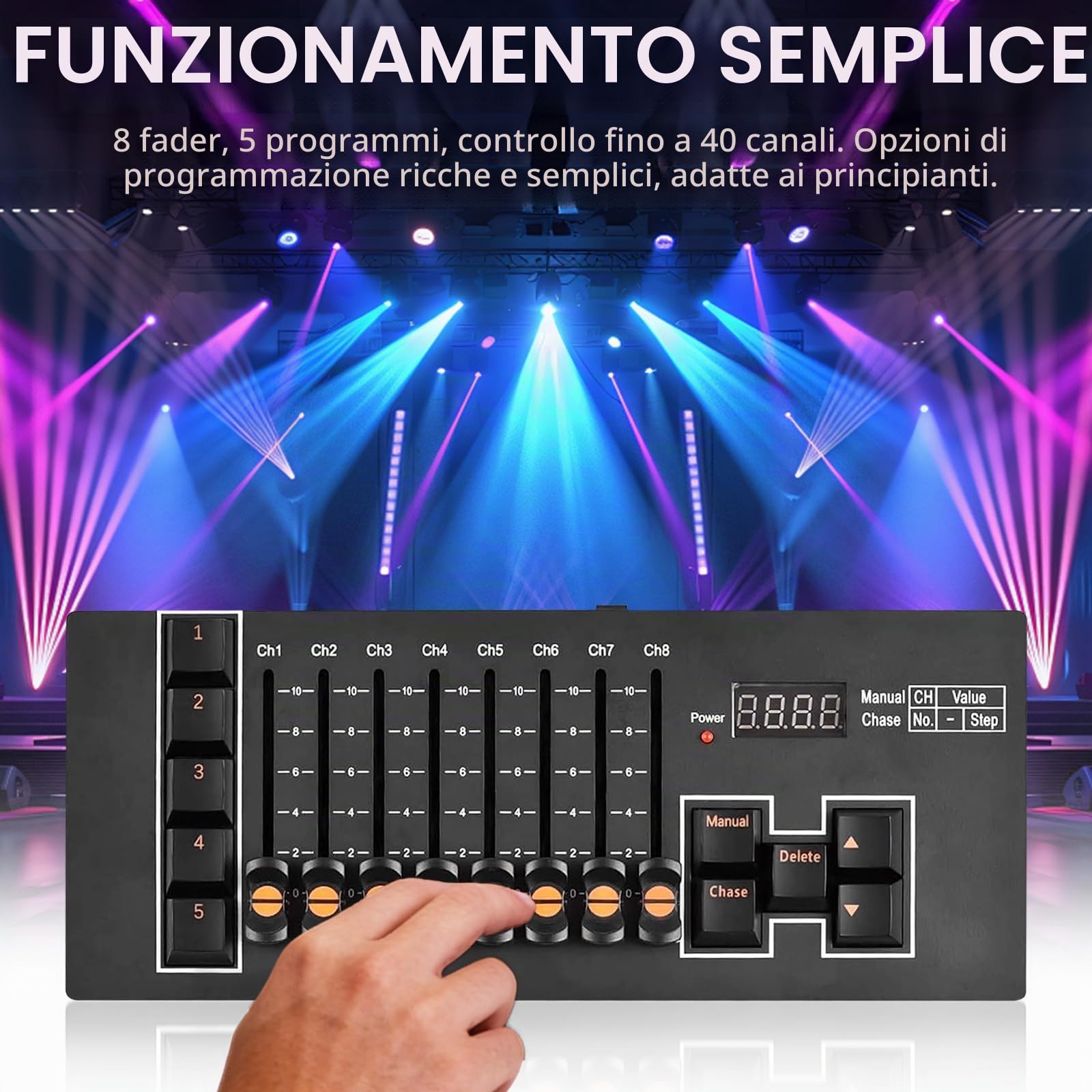 Controller DMX5102, Console di Controllo Luci a 40 Canali con 8 Fader e 5 Modalità Programmabili Controller DJ con 5 Effetti CHASE e Uscita DMX a 3 Pin per Illuminazione da Palco Spettacoli dal Vivo