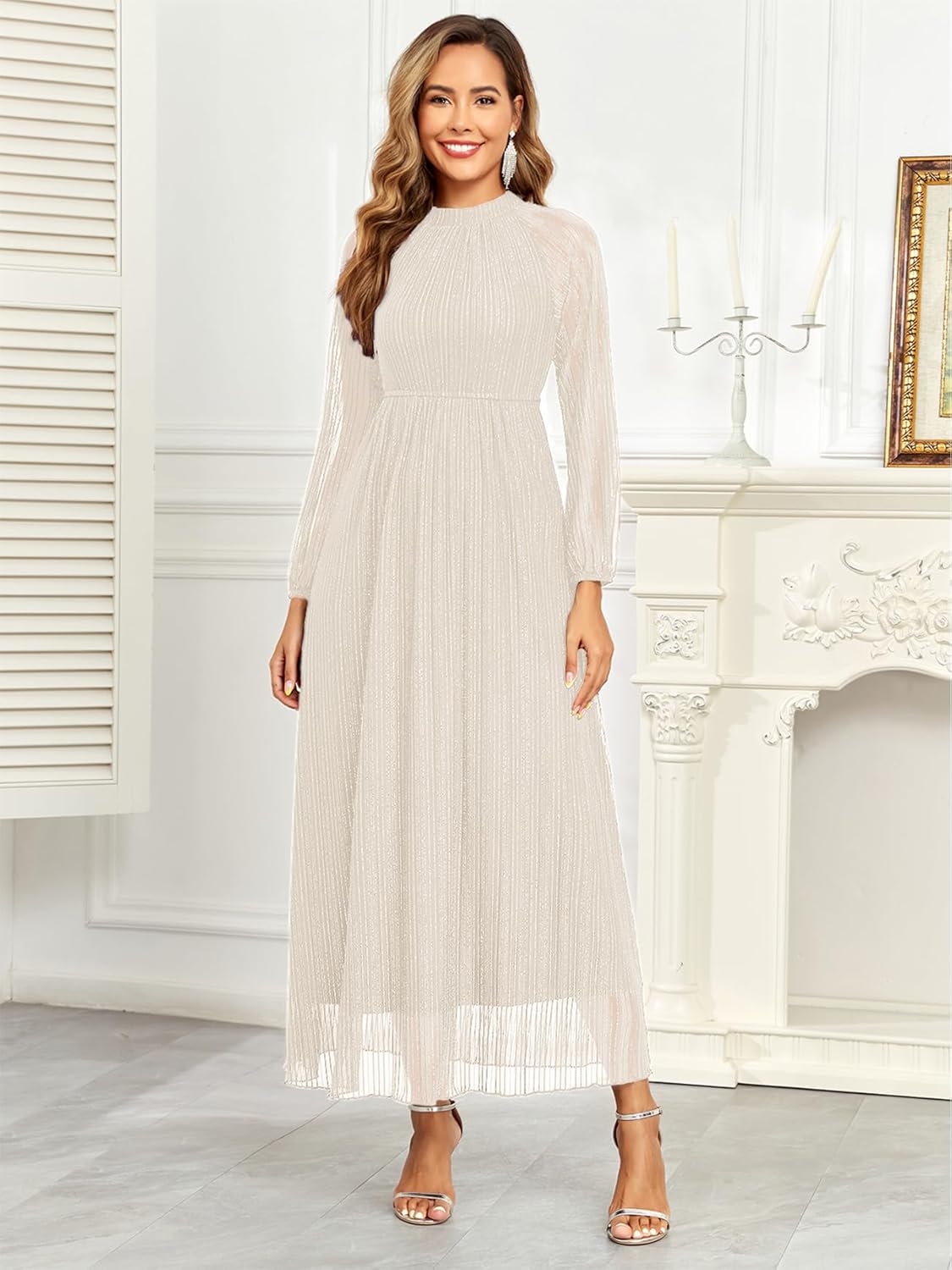 CYCLAMEN Formal Maternity Dress Sparkly Halter Neck A-Line Maxi Gown Baby Shower Pregnancy Photoshoot Wedding Guests, Off-White, S - Image 3