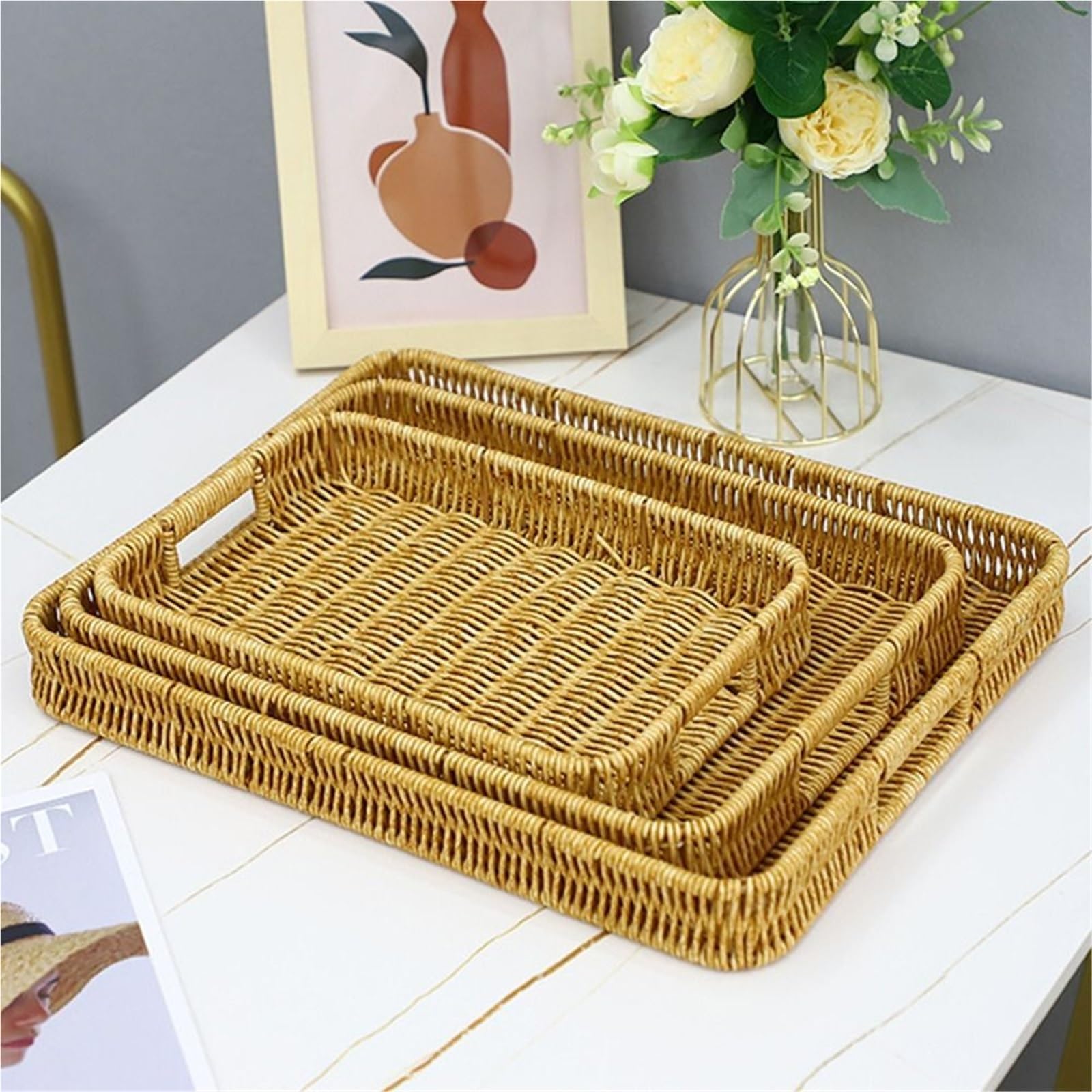 Food Plate Handwoven Rattan Storage Tray Round Shape Fruit Vegetable Cake Wicker Basket pour l'organisation de la Maison(7 * 39.5cm)