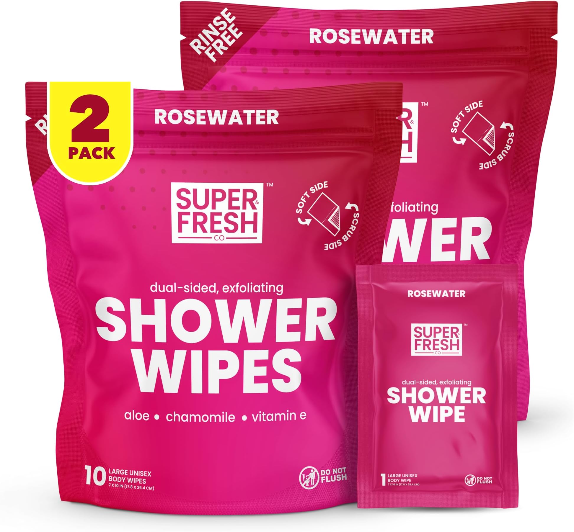 Super Fresh Shower Wipes Large RoseWater Body Wipes for No Rinse Bathing Personal Hygiene Gym Travel or Camping Enriched with Aloe and Vitamin E 20 Individually Wrapped Disposable Sheets