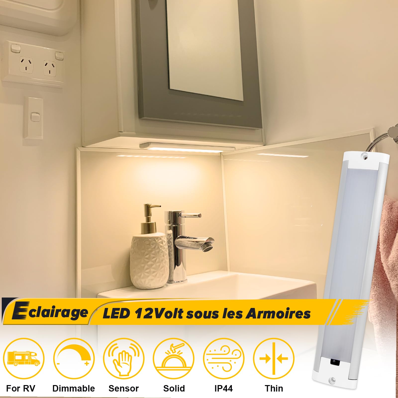 Dream Lighting Réglette LED 12v pour Camping Car Caravane Camper sous Armoire, Lumière Chaude 3000K Dimmable avec Détecteur, Lampe LED Blanc 32CM IP44 Boîtier en Aluminium