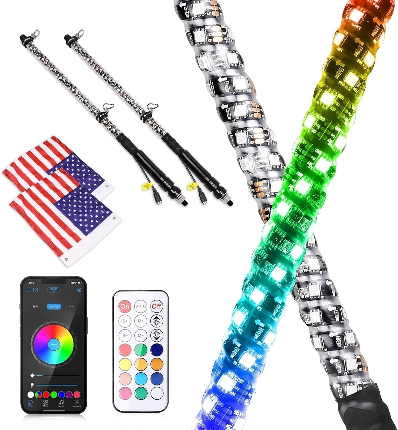 LED Whip Lights, AKD Part 2PCS 2FT UTV ATV Lighted Whips Bluetooth APP/Remote Control RGB LED Whips Antenna Flags for UTV SXS Side by Side Trucks RZR Can-Am Kawasaki Honda Yamaha Accessories