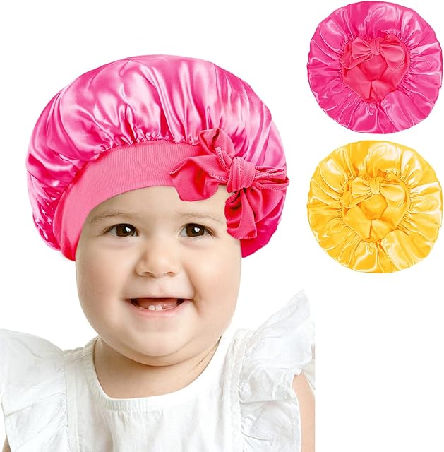 Arqumi Silk Satin Bonnet for Kids, 2Pcs Soft Baby Bonnet Sleeping Cap with Elastic Strap, Adjustable Night Cap Hair Bonnet for Toddler Child Teens