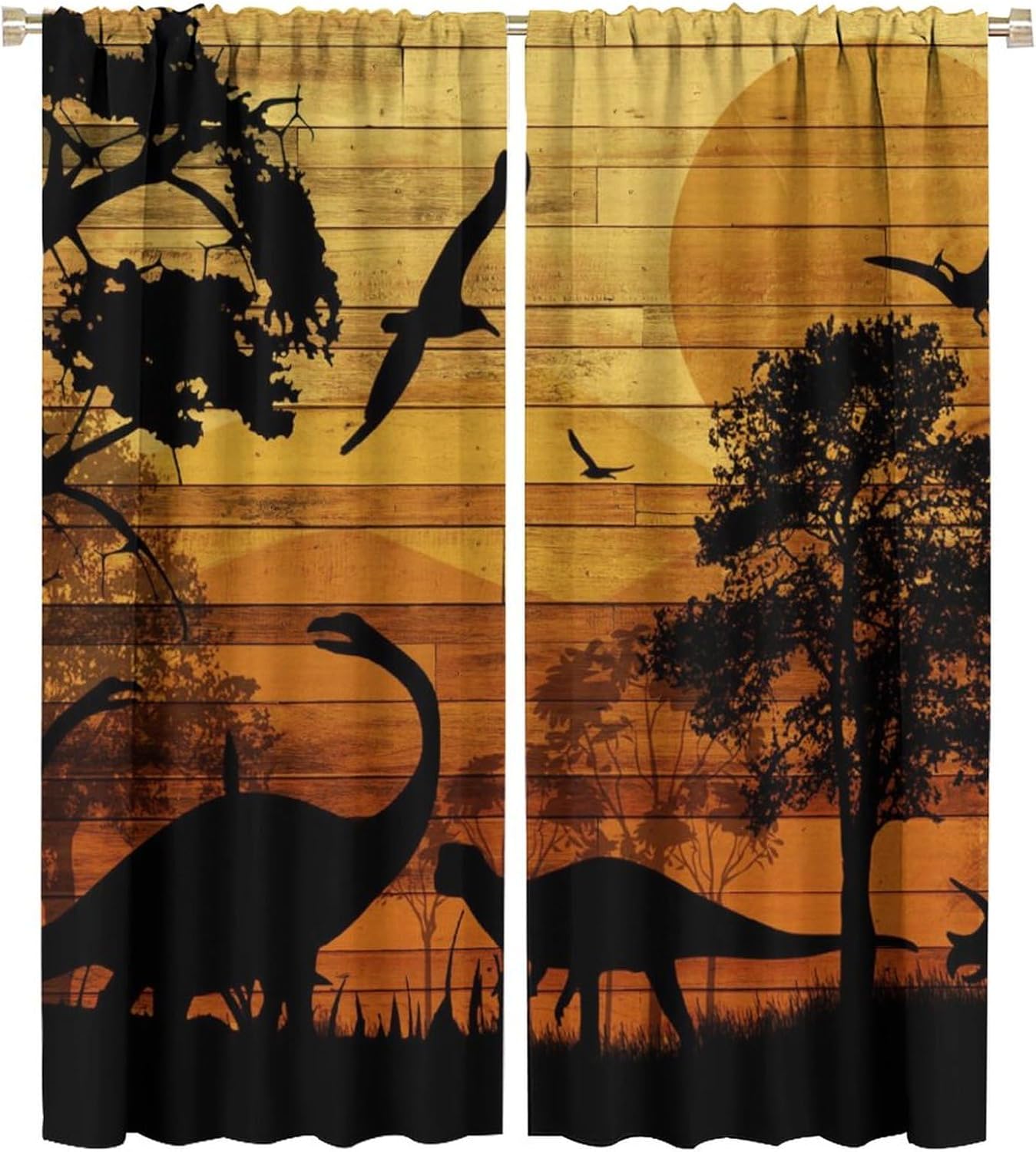 Brebasf Rustic Dinosaur Silhouette Blackout Curtains Abstract Old Wooden Board Jungle Animals Dino Prints Window&Drapes Thermal Insulated Darkening Rod Pocket Curtains 2 Panels 54" L x 21" W