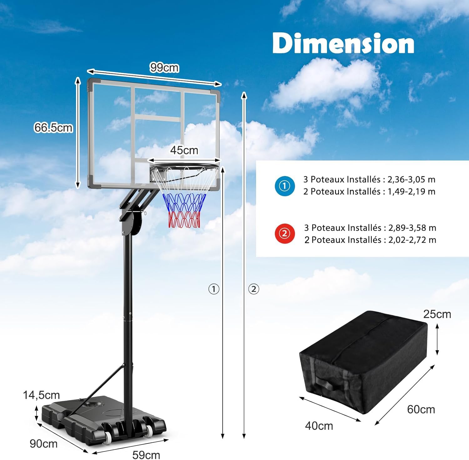 GYMAX Panier de Basket-Ball Mobile pour Intérieur et Extérieur, Réglable en Hauteur 149-305 cm, Panneau Incassable, Base et Sac de Poids Remplissables, pour Enfants, Adolescents, Adultes