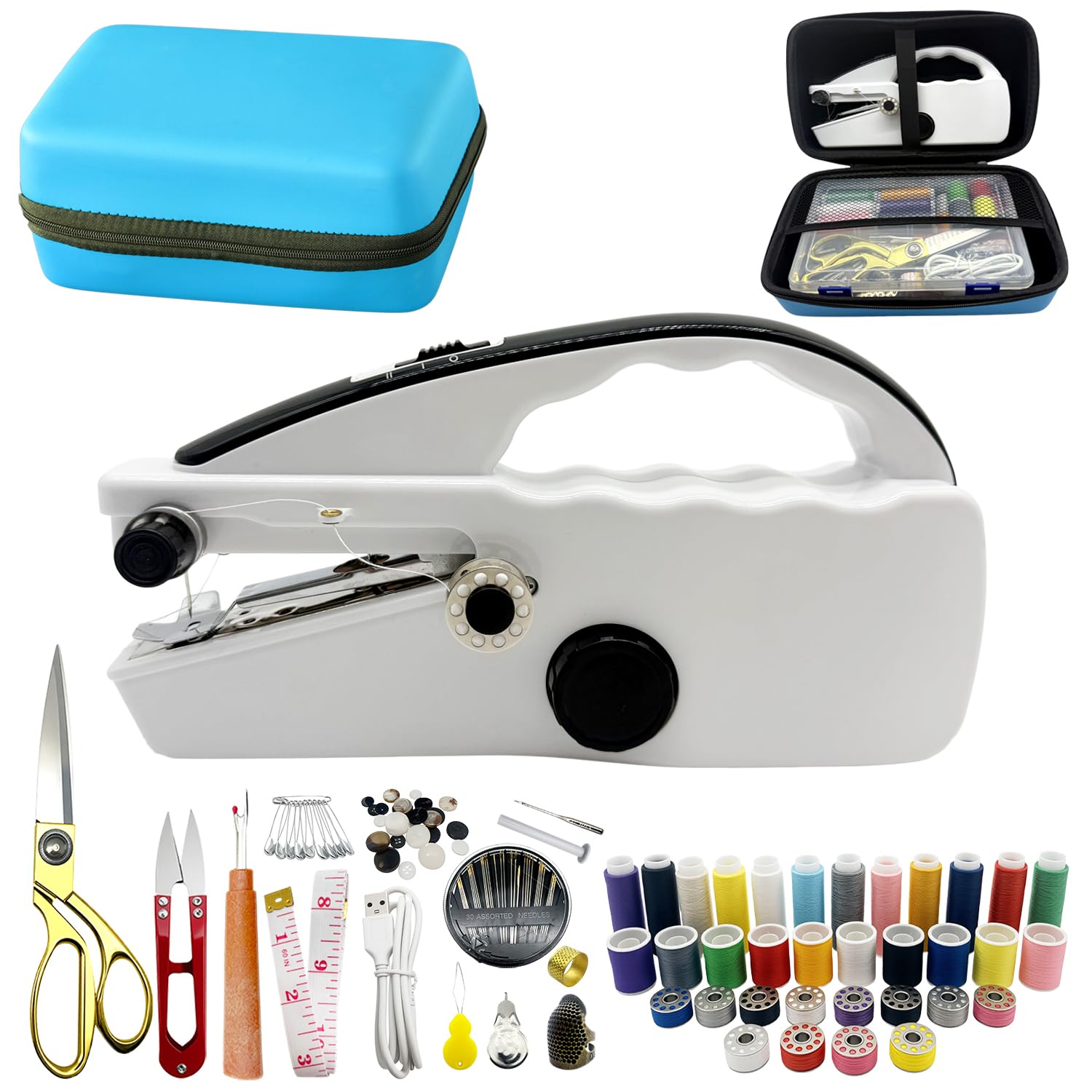 Heavy Duty Handheld Sewing Machine with 110 PCS Sewing Kit & Blue Leather Case