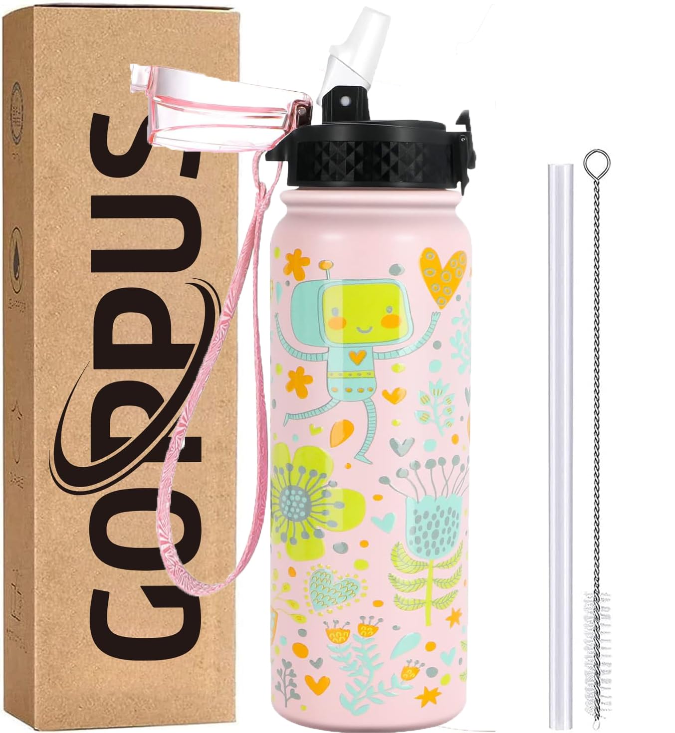 GOPPUS 600ml/20oz Stainless Steel Water Bottle with Straw Insulated Sports Bottle Cold Flask with Straw Double Walled Flip up Metal Water Bottles Leakproof Water Bottle for Gym Sports