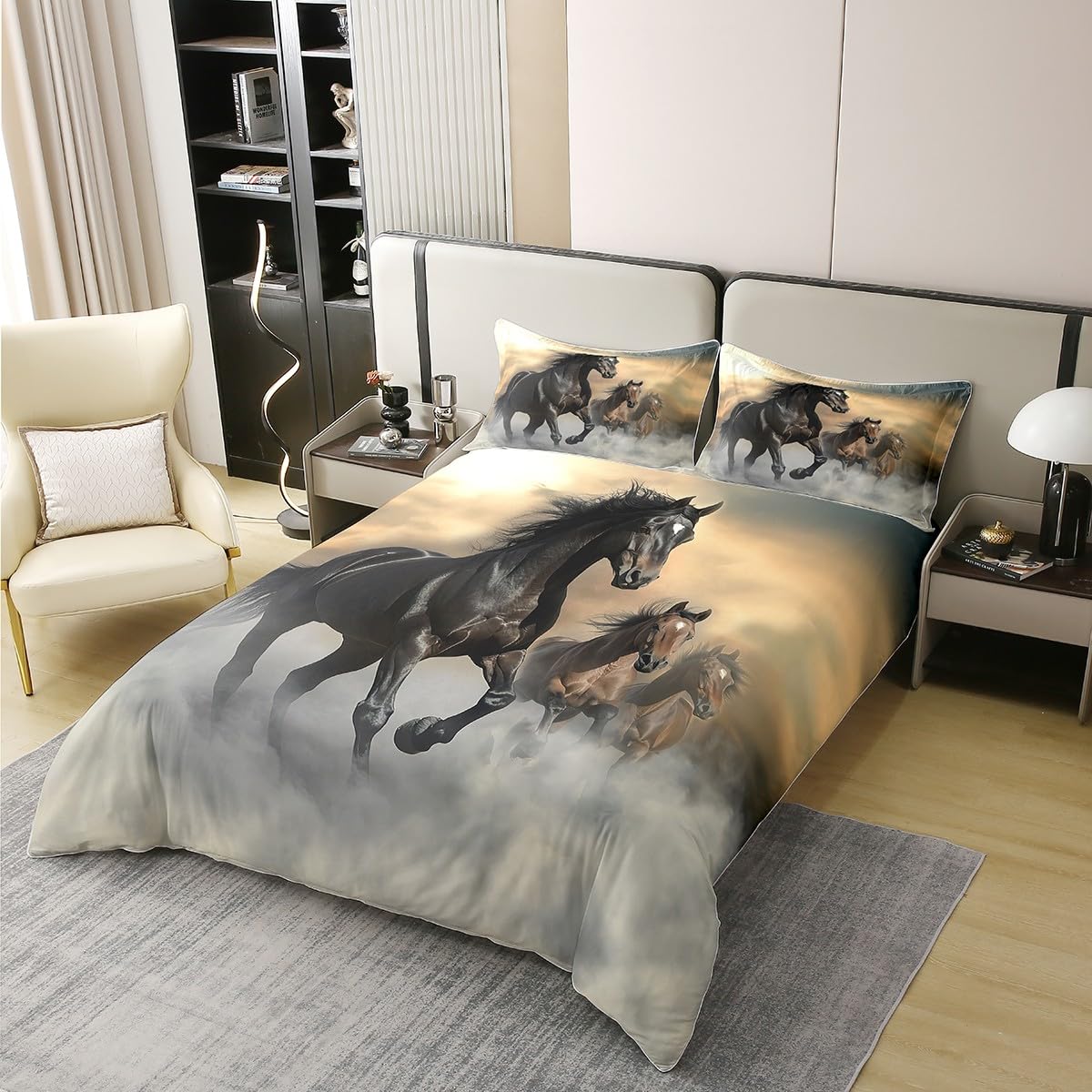 Funda nórdica de caballo de 220 x 240 cm, 100% algodón, juego de cama de caballo de carreras, juego de cama con estampado de animales de granja, para hombres, mujeres, adolescentes, niños, decoración