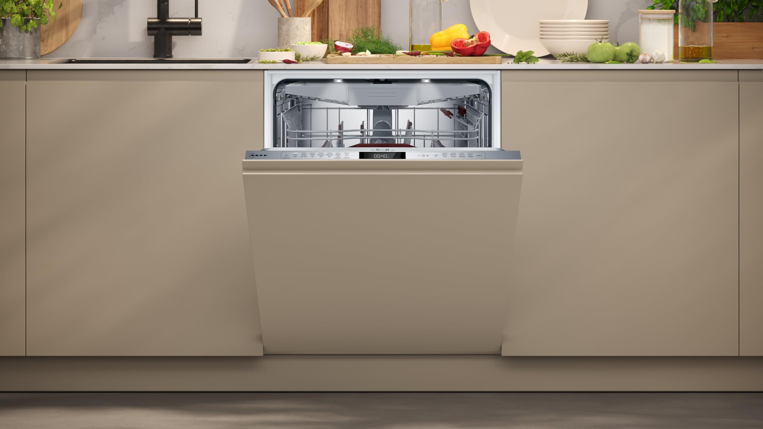 NEFF S157ECX17E, N 70, lavavajillas totalmente integrado, 60 cm, fabricado en Alemania, sistema de cesta Flex 2, 14 cubiertas, Time Light, Smart Start, cesta superior ajustable en altura con RackMatic
