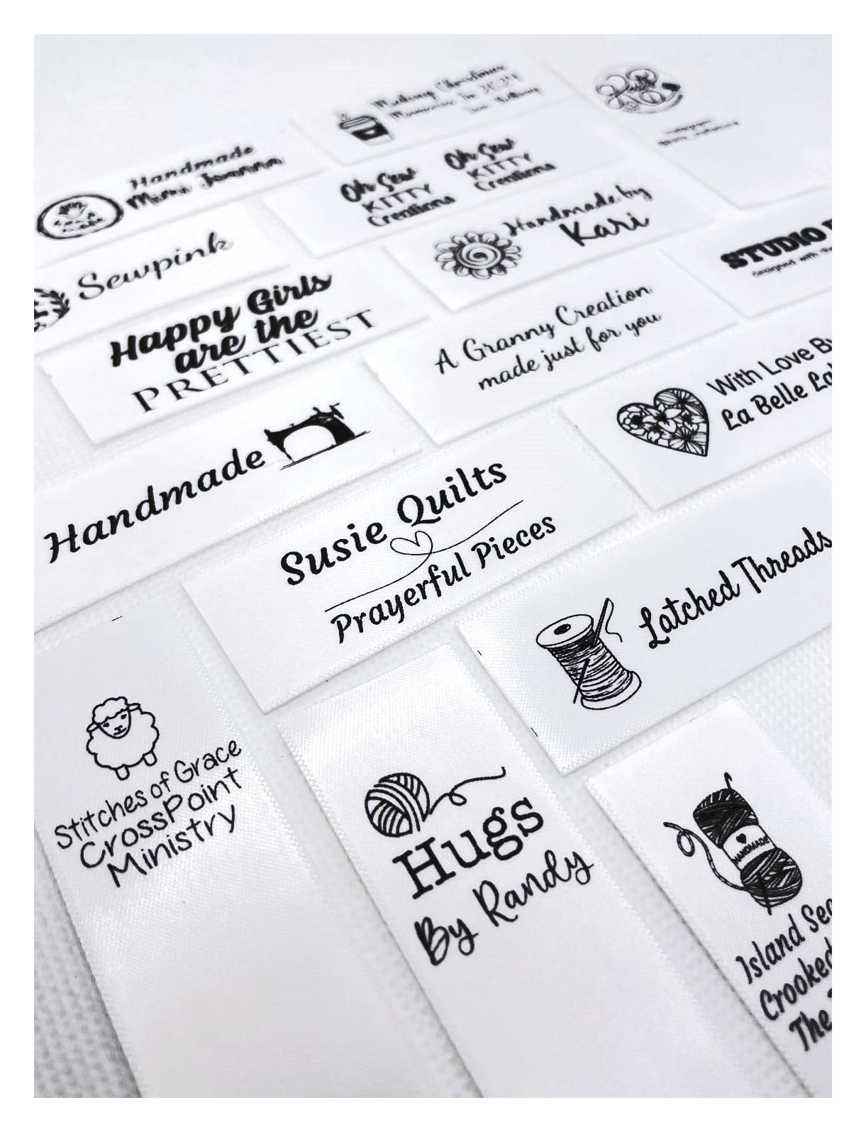 30 Sealed Highest Professional Quality Custom Printed Satin Fabric Labels USA Made Jennifer's Jewels JJLabels Brand Sew On for Branding, Crafts, Clothing, CPSIA Needs, Knitting, Crocheting, Handmade