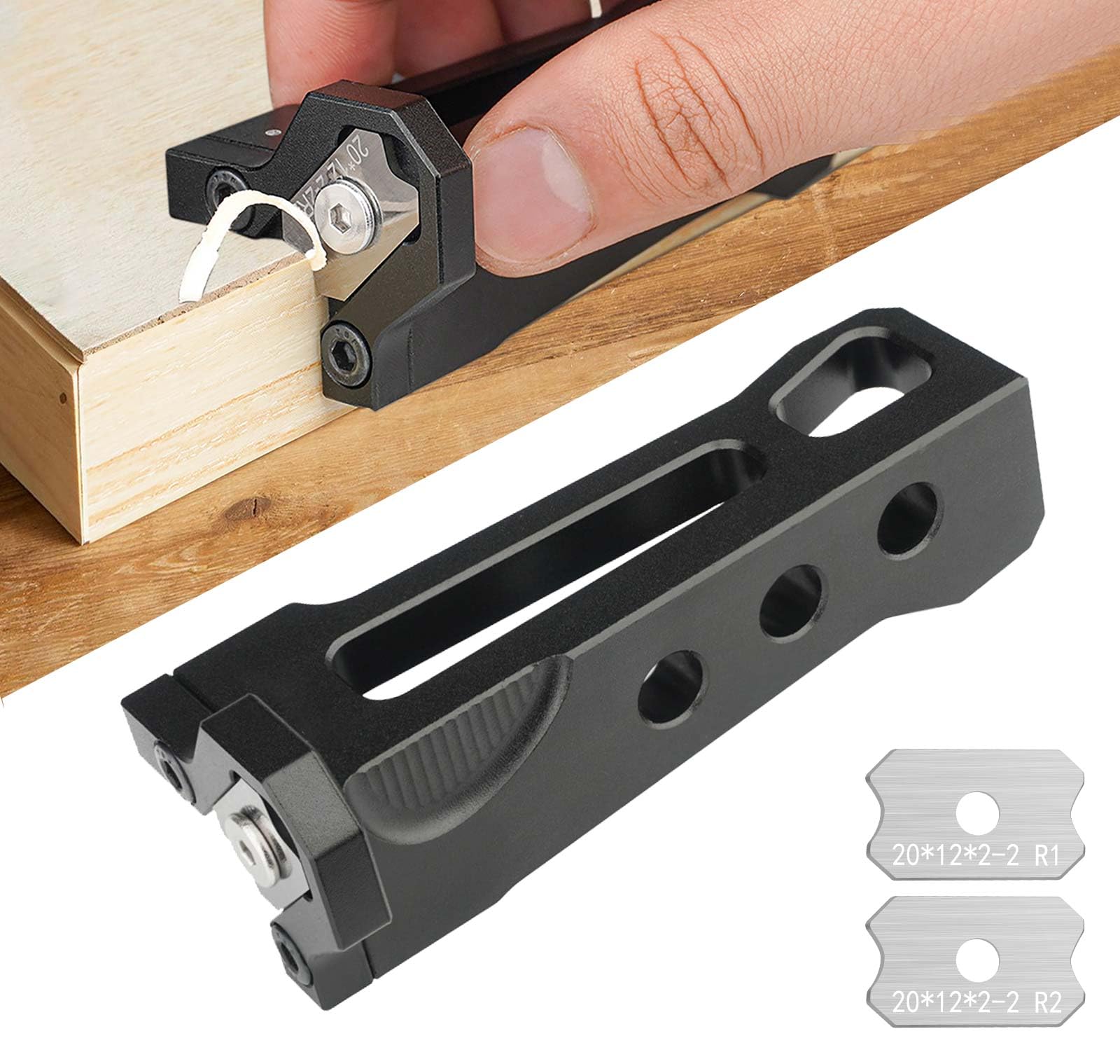 Loodmeo Chamfering Edge Band Trimmer,Adjustable Edge Banding Trimmer,veneers,Hand Planer,Edge Banding Tools.(Handle + R1, R2 Blade)