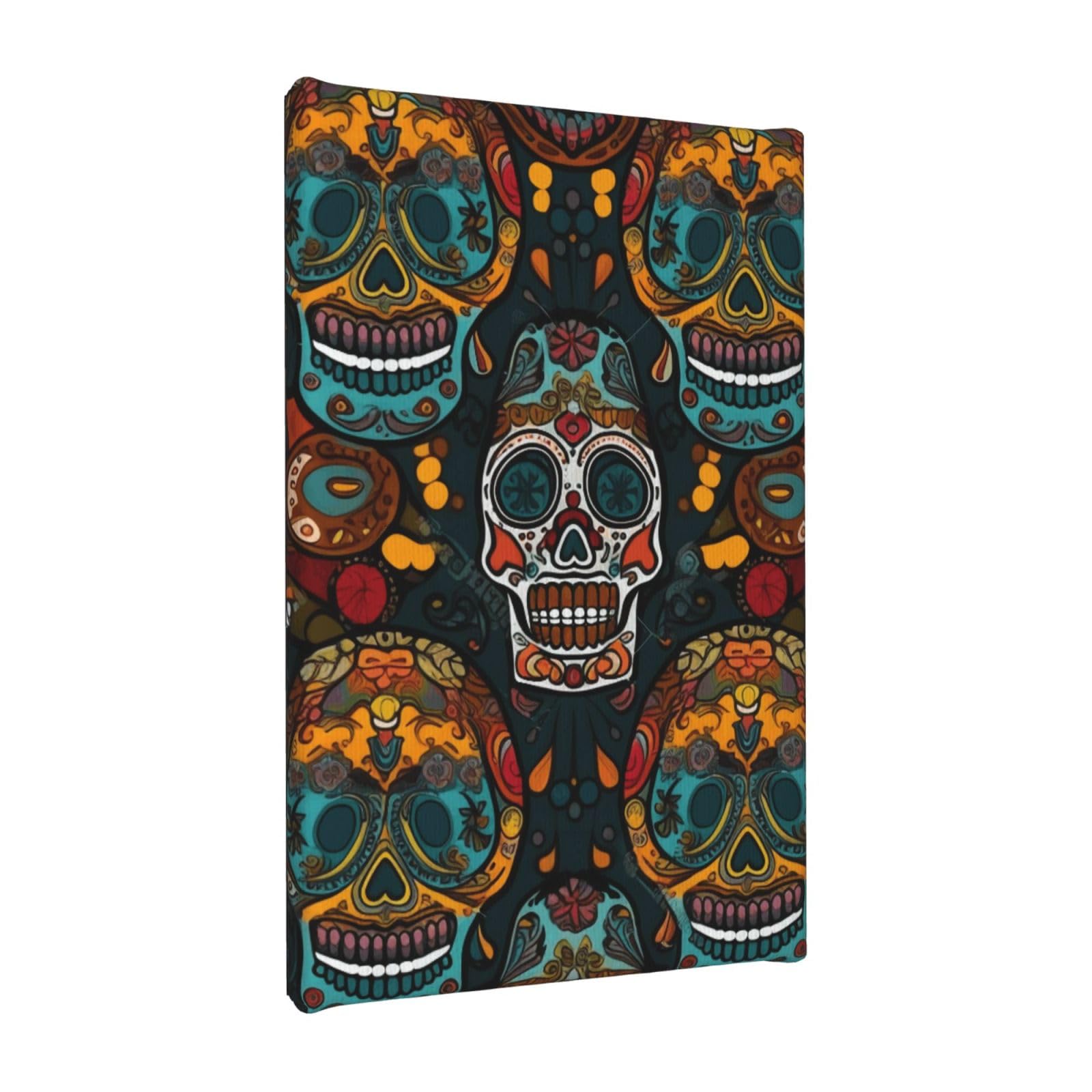 YKLJG Colorful Sugar Skulls Printed Wall Art Canvas Painting 20x30 CM Wooden Framed Picture Painting Artwork Prints for Bedroom Kitchen Home Office Decor