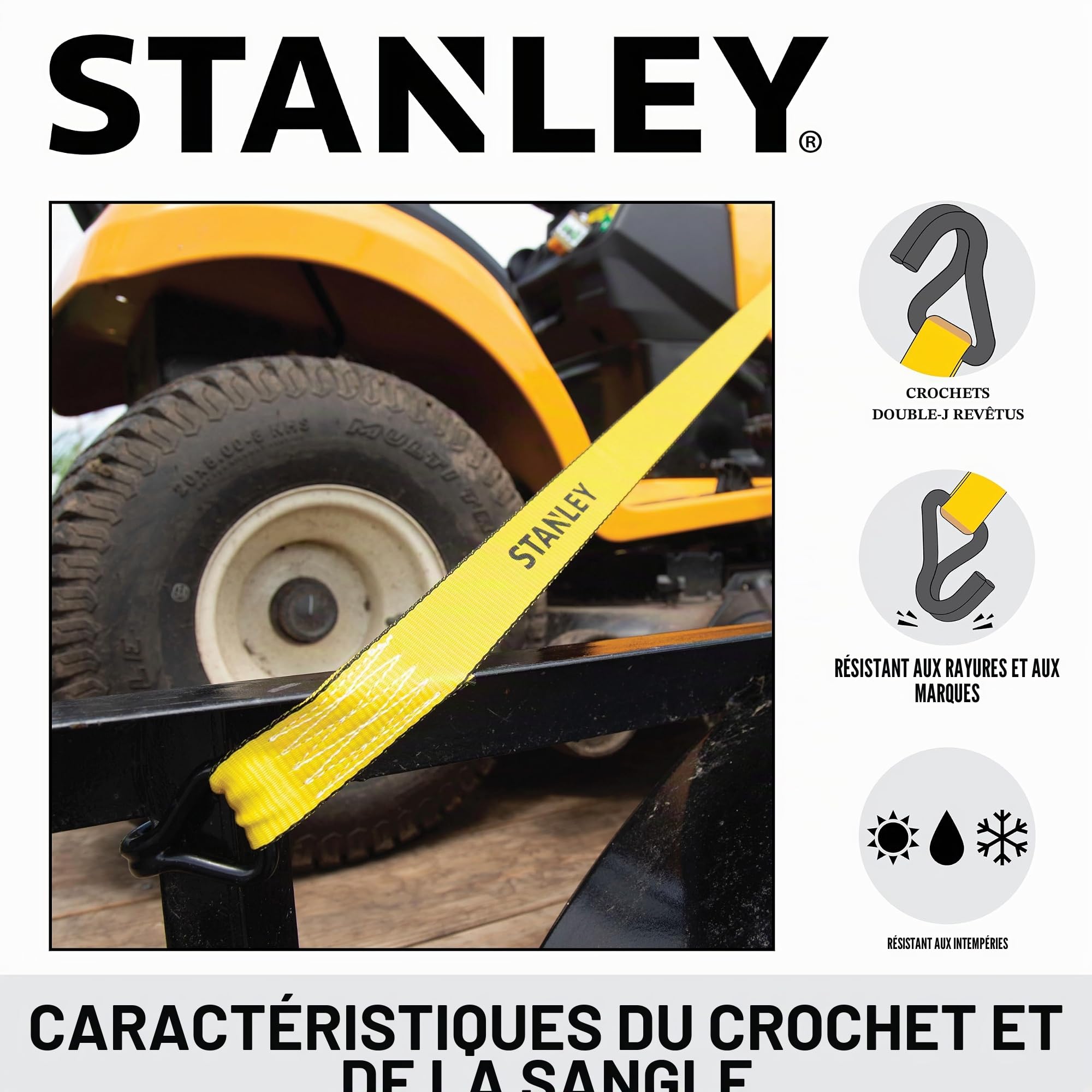 STANLEY S10074 Lot de 4 Sangles d'arrimage à cliquet 3,8 cm x 4,88 m - pour sécurisation de Charges Lourdes (résistance à la Rupture de 1 500 kg) – Noir/Jaune