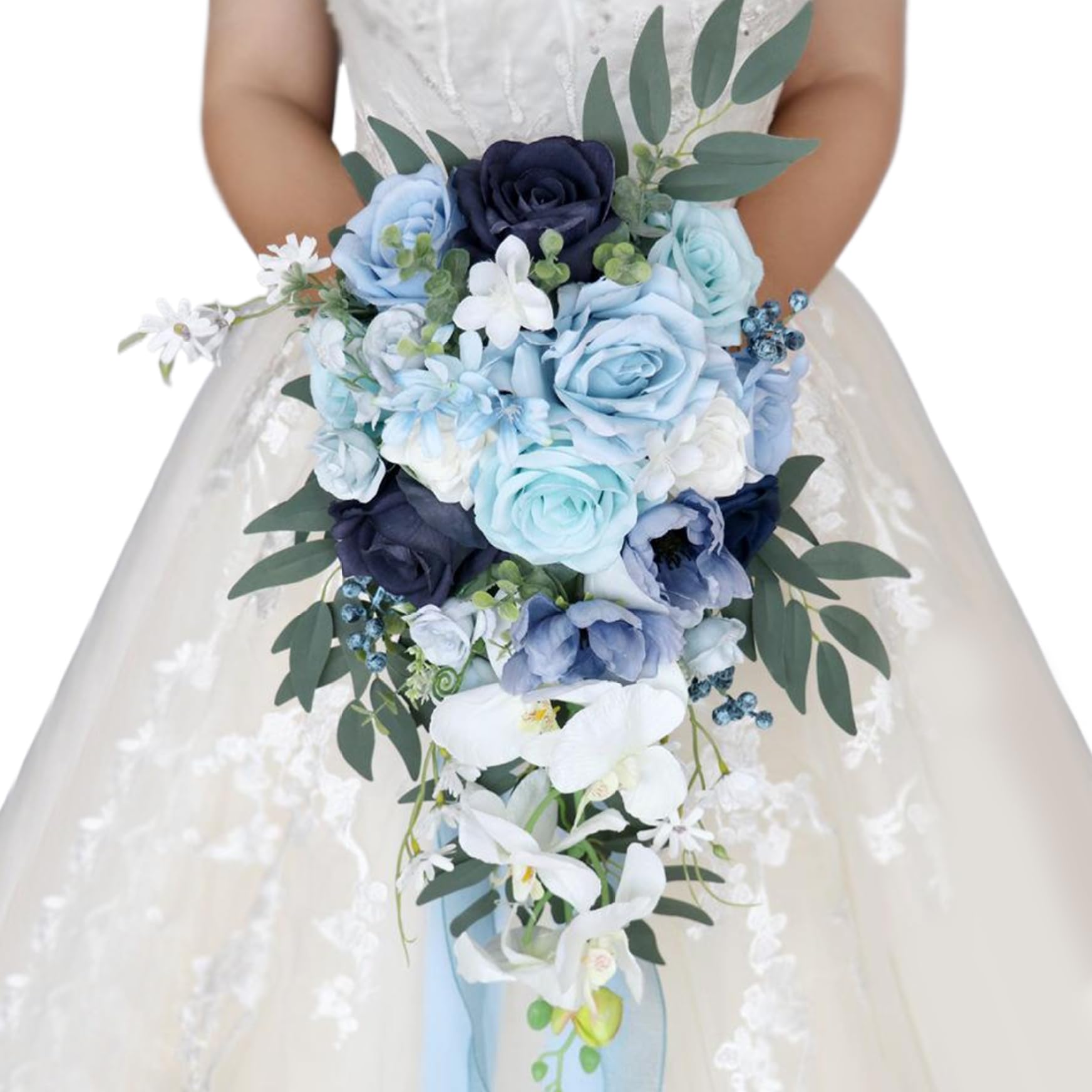Xoeryoy Wedding Bouquets for Bride/Bridesmaid Water Drop Shaped Bridal Bouquet 10x20 Lifelike Light Blue Plastic Artificial Flowers for Wedding